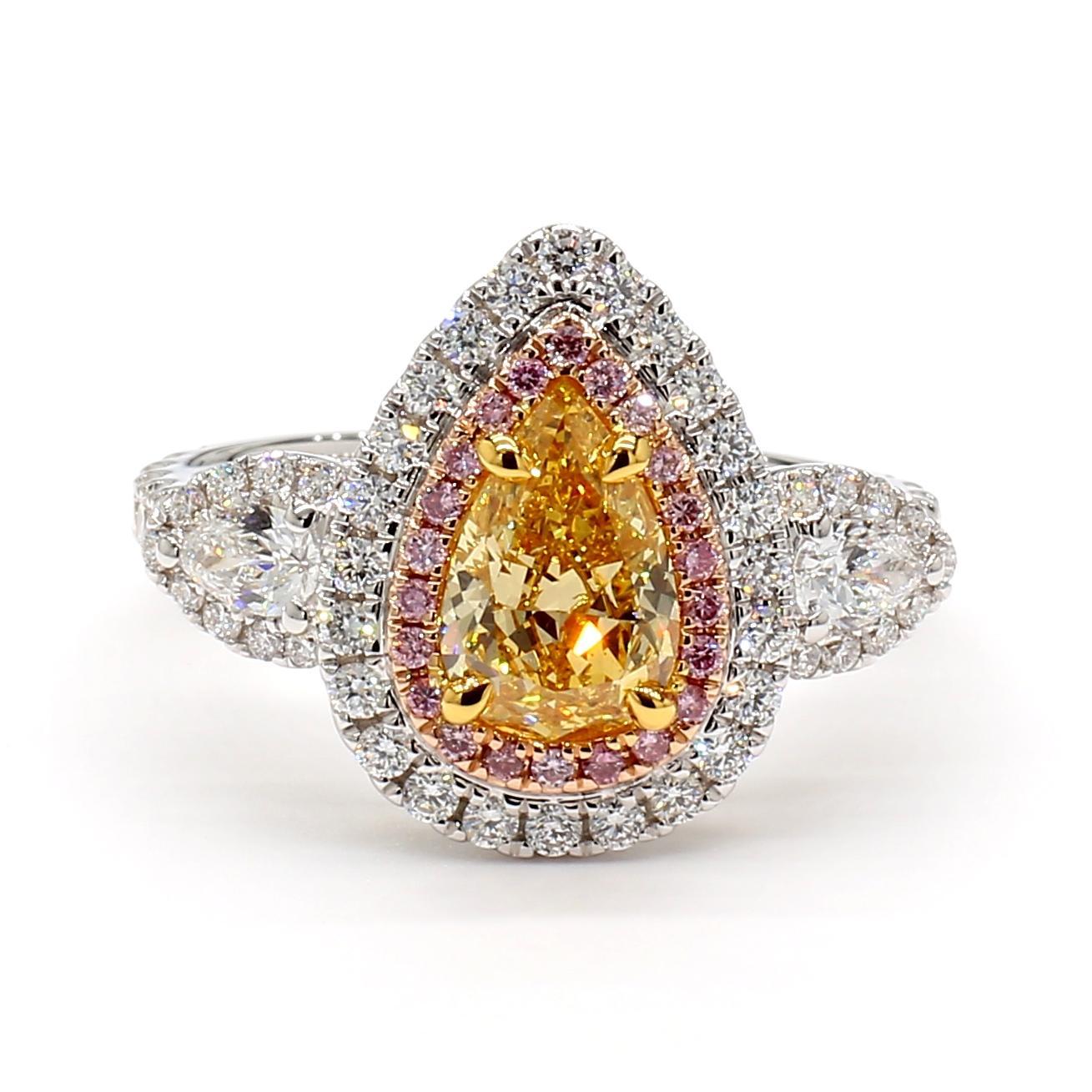 Contemporary GIA Certified Natural Yellow Pear Diamond 2.00 Carat TW Gold Cocktail Ring For Sale