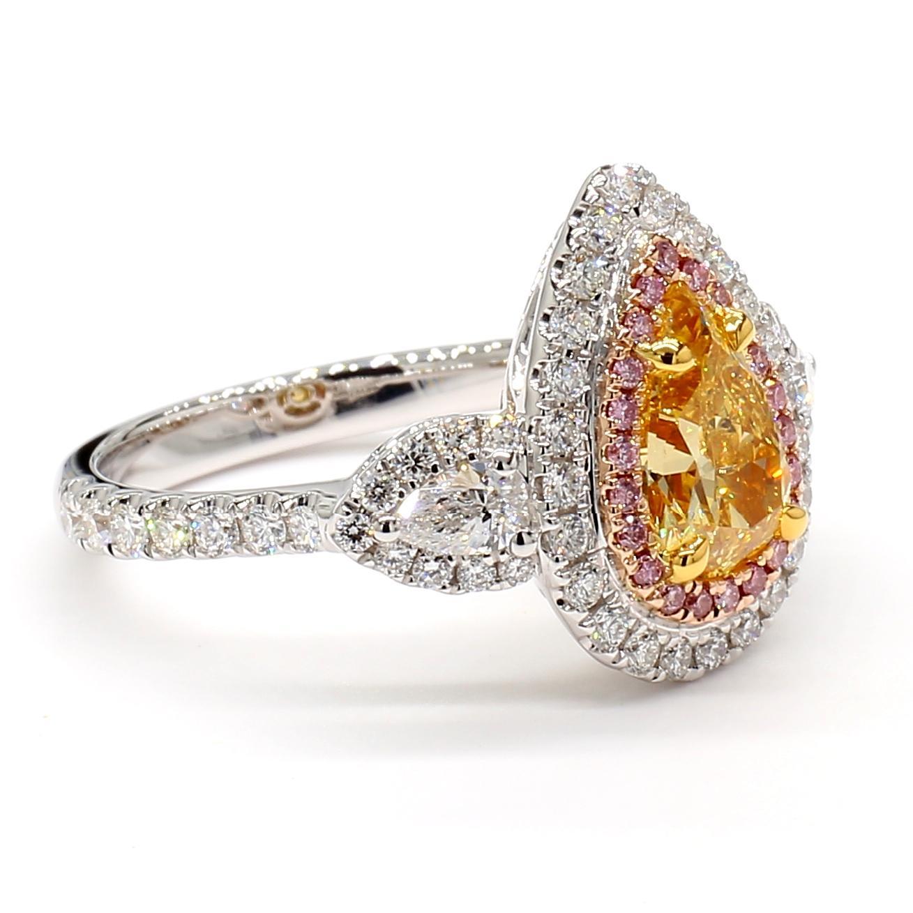 Pear Cut GIA Certified Natural Yellow Pear Diamond 2.00 Carat TW Gold Cocktail Ring For Sale
