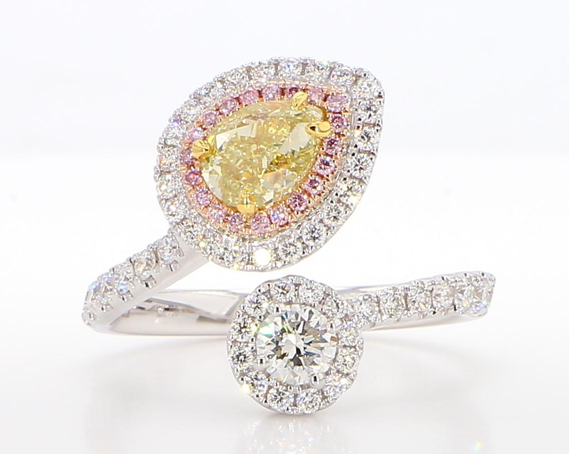 Contemporary GIA Certified Natural Yellow Pear Diamond 2.05 Carat TW Gold Cocktail Ring For Sale