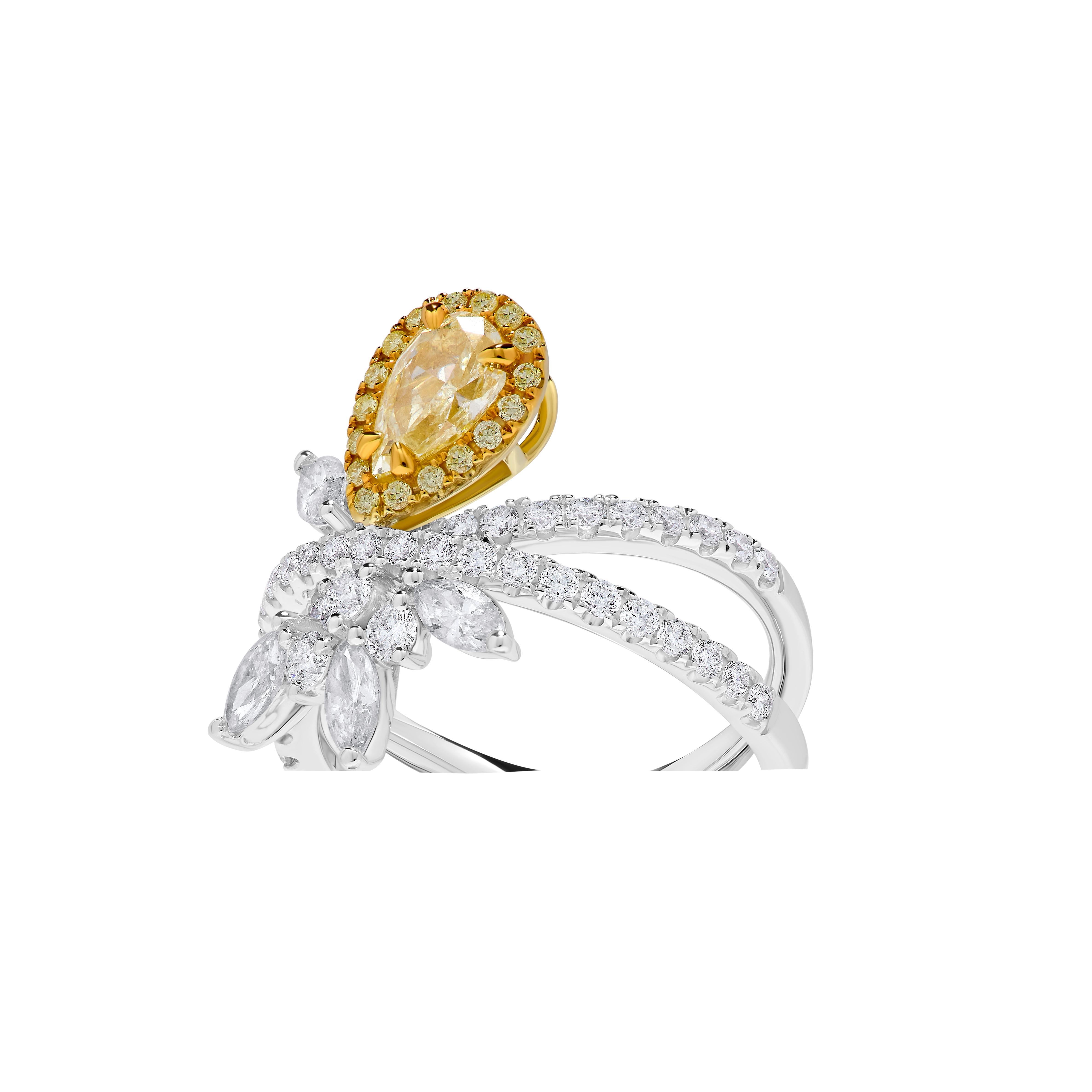 Pear Cut GIA Certified Natural Yellow Pear Diamond 2.06 Carat TW Gold Cocktail Ring For Sale