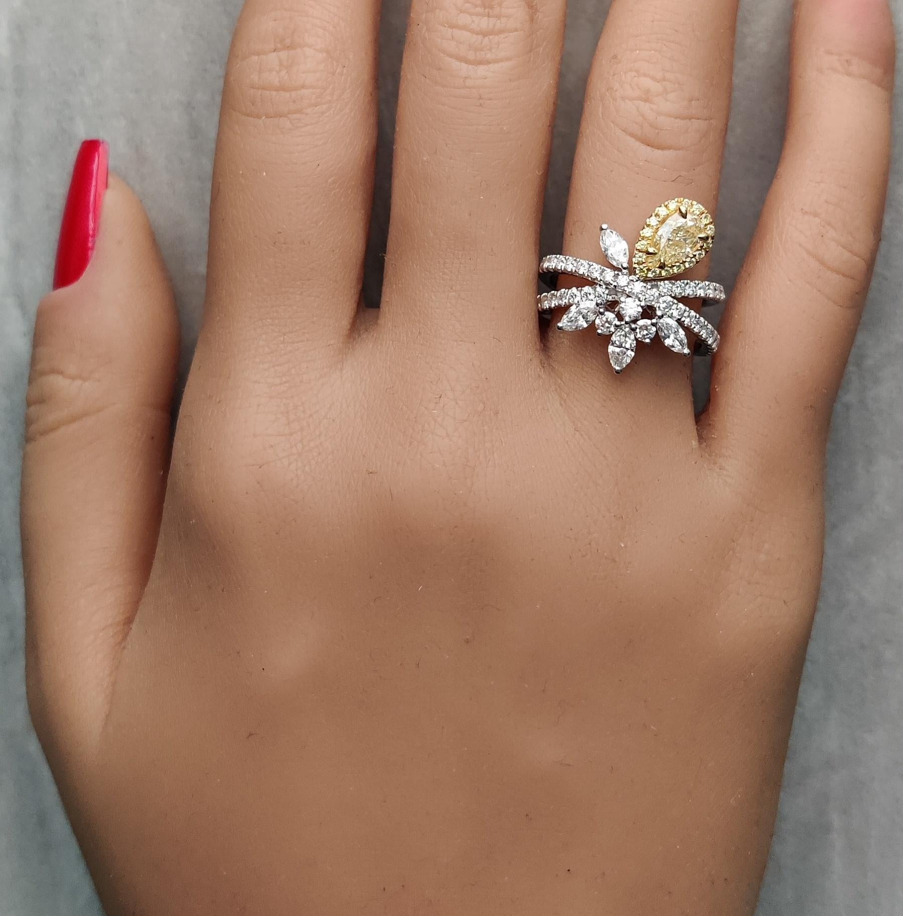 GIA Certified Natural Yellow Pear Diamond 2.06 Carat TW Gold Cocktail Ring In New Condition For Sale In New York, NY