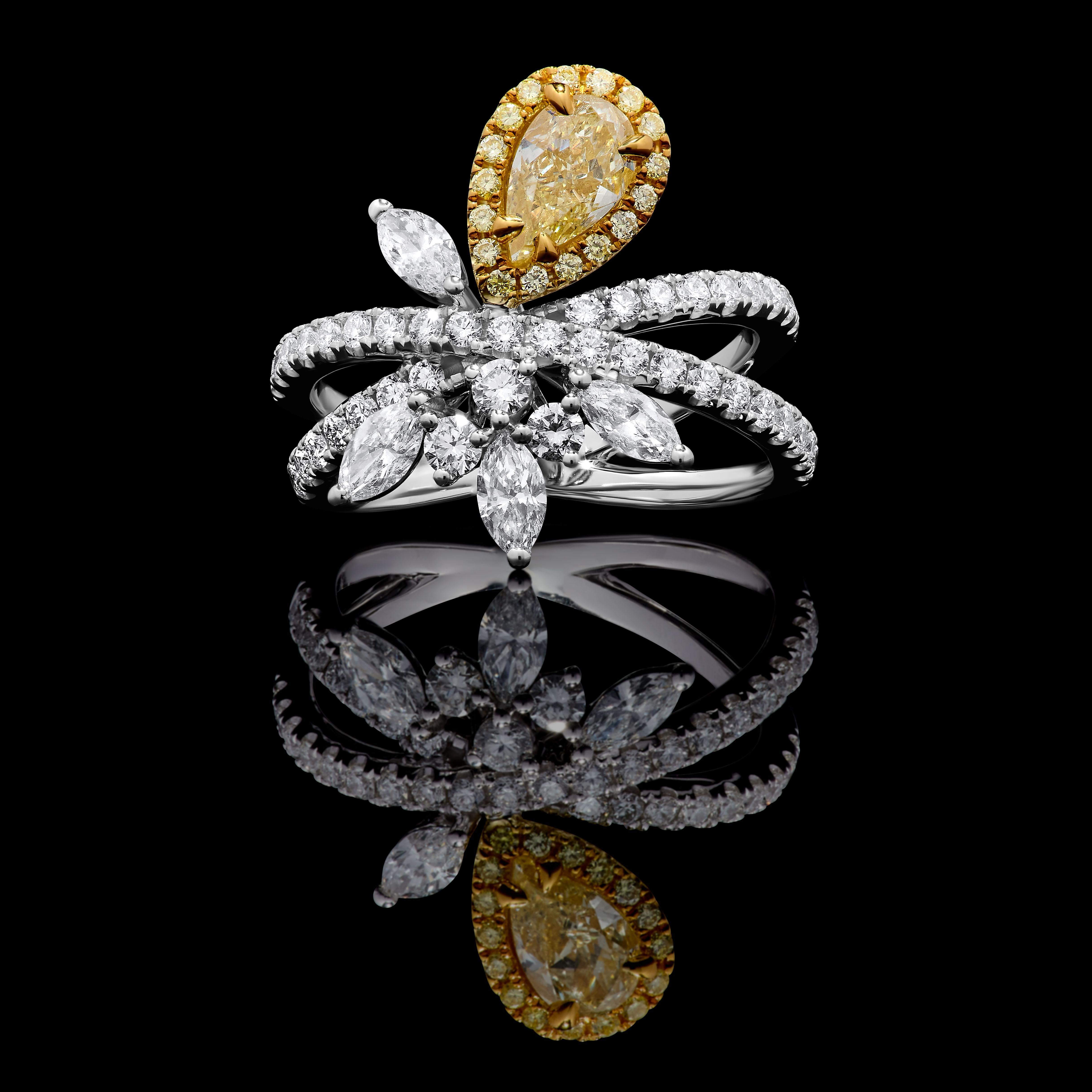 Women's GIA Certified Natural Yellow Pear Diamond 2.06 Carat TW Gold Cocktail Ring For Sale
