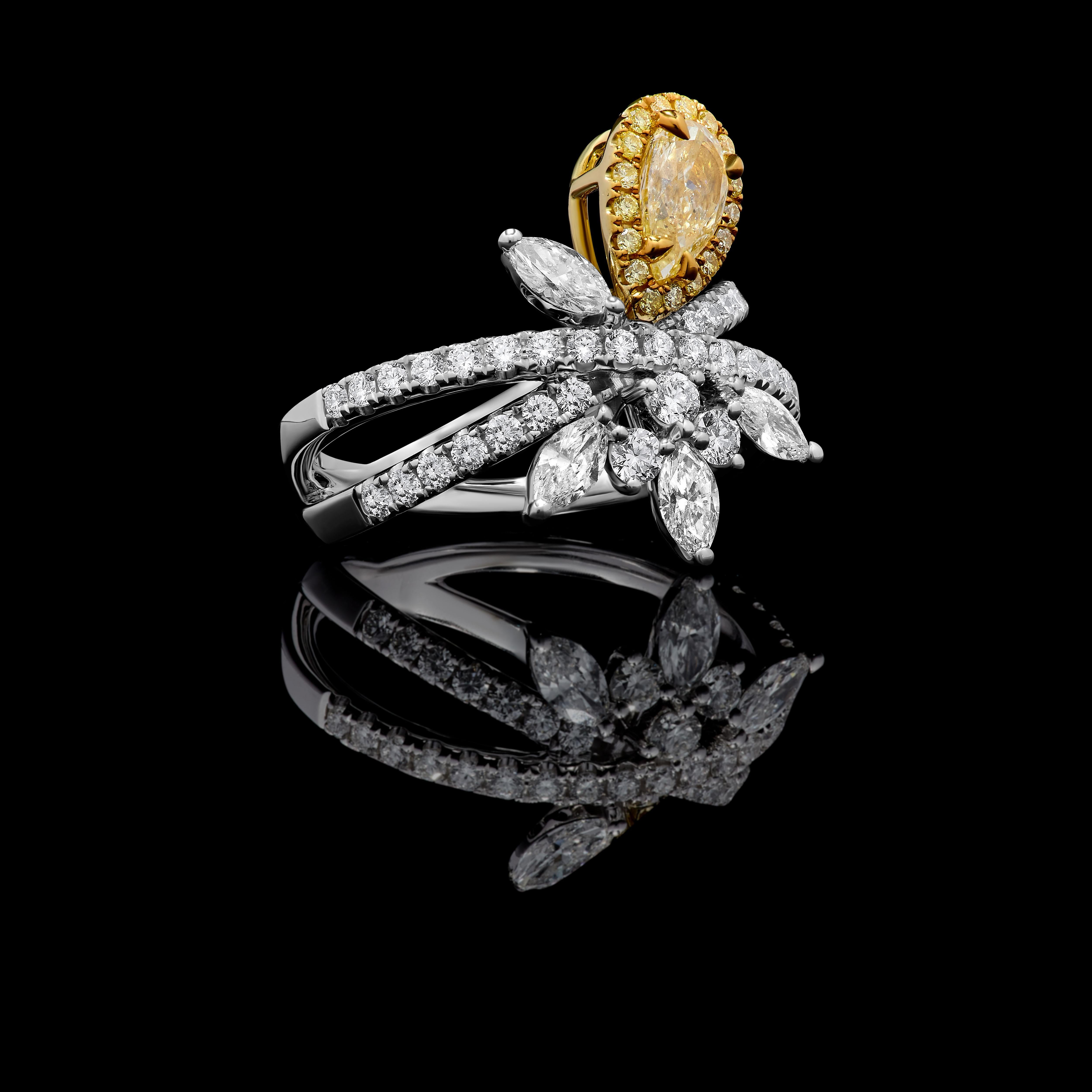 GIA Certified Natural Yellow Pear Diamond 2.06 Carat TW Gold Cocktail Ring For Sale 1