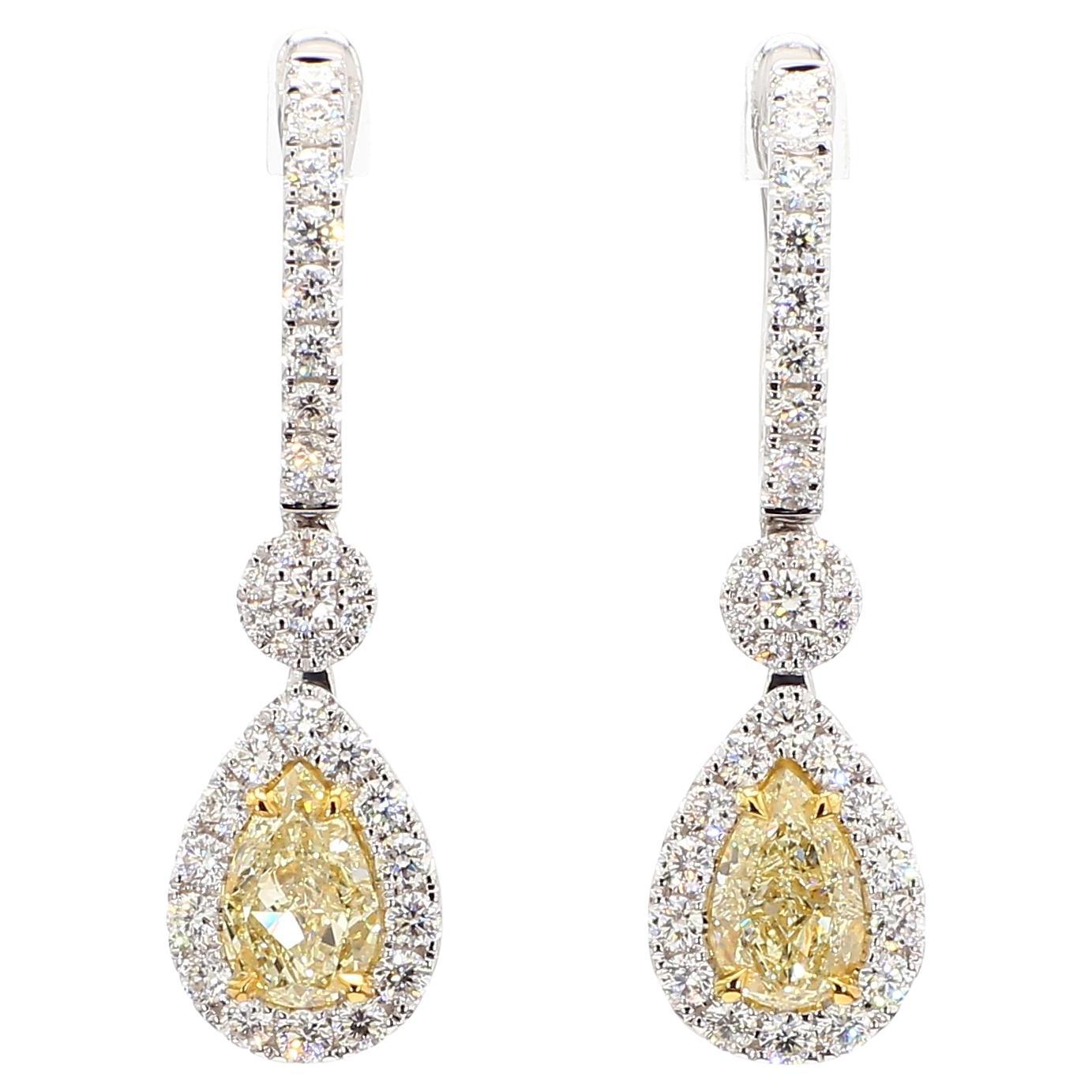 GIA Certified Natural Yellow Pear Diamond 3.29 Carat TW Gold Earrings For Sale