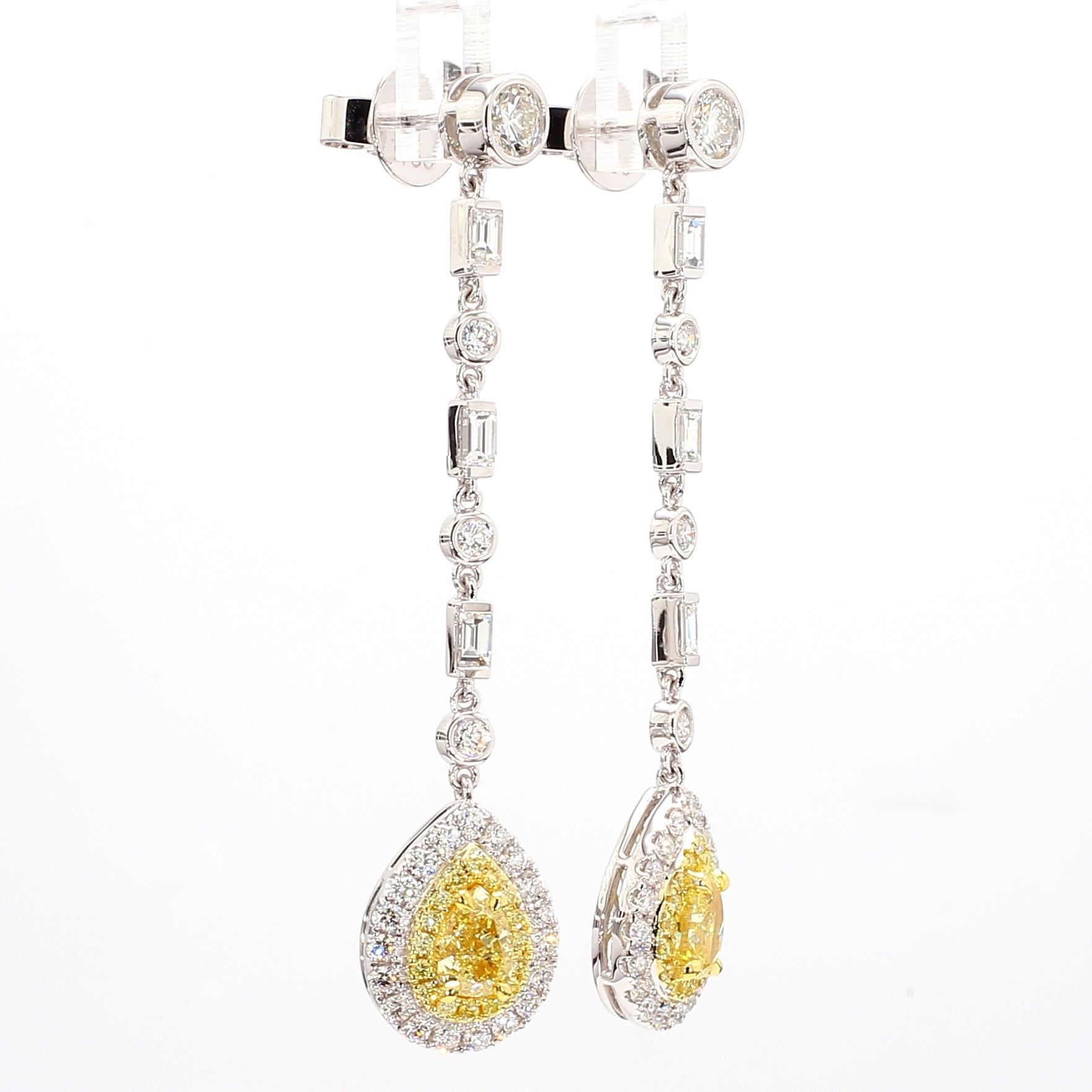 Pear Cut GIA Certified Natural Yellow Pear Diamond 3.39 Carat TW Gold Drop Earrings For Sale