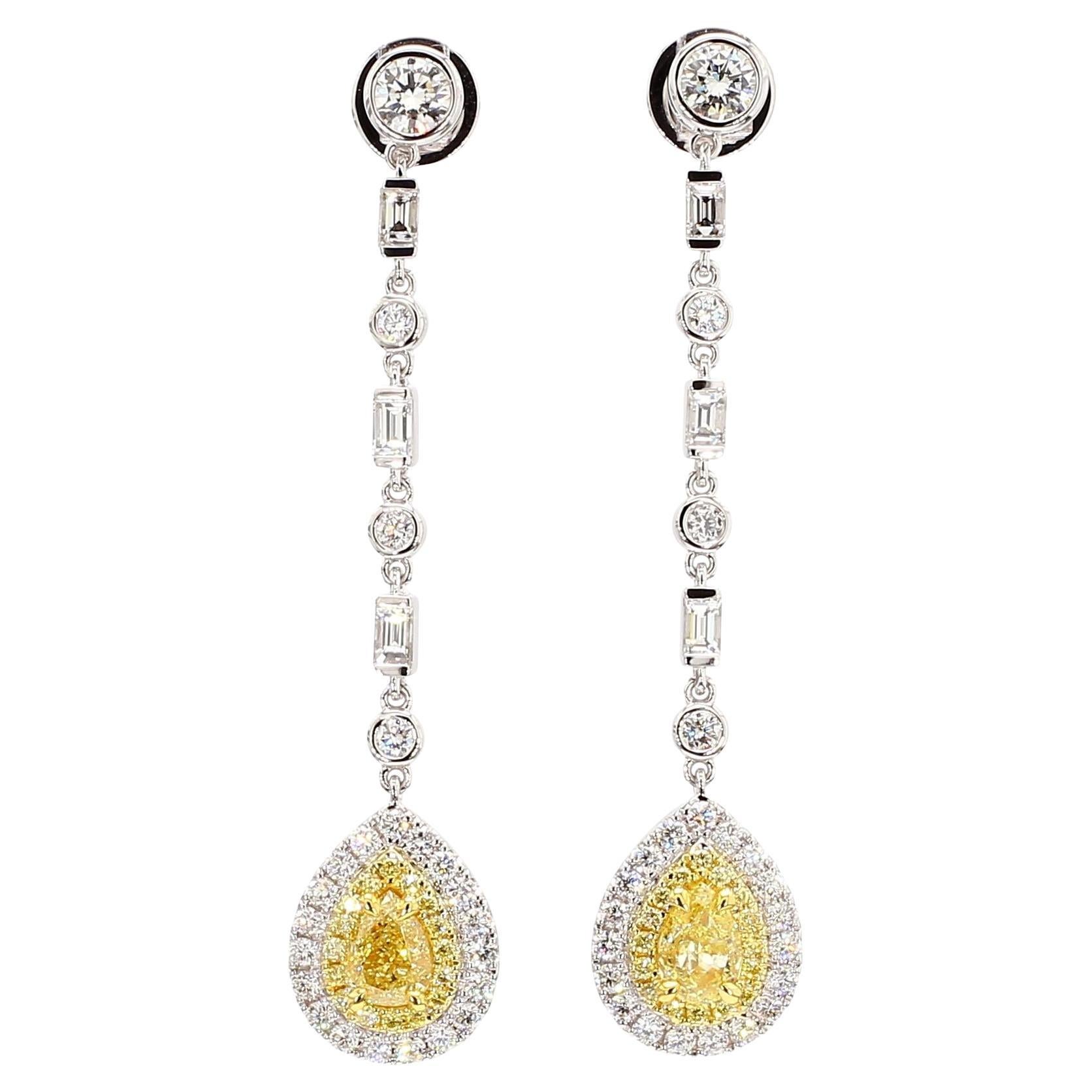 Pendientes de gota de oro con diamante amarillo pera natural certificado por GIA de 3.39 quilates TW