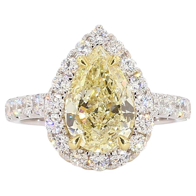 GIA Certified Natural Yellow Pear Diamond 3.41 Carat TW Gold Cocktail Ring