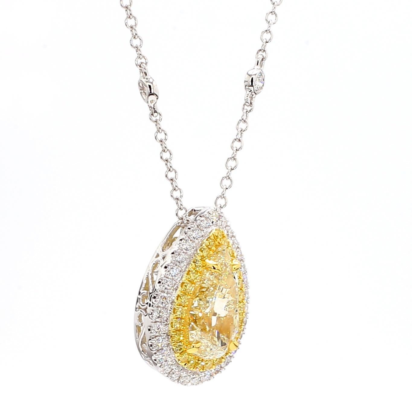 Pear Cut GIA Certified Natural Yellow Pear Diamond 4.40 Carat TW Gold Drop Pendant For Sale