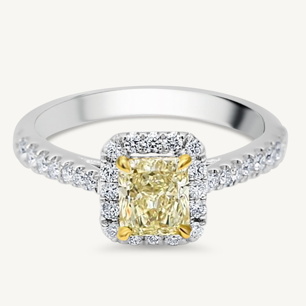 GIA Certified Natural Yellow Radiant and White Diamond 1.33 Carat TW Plat Ring For Sale