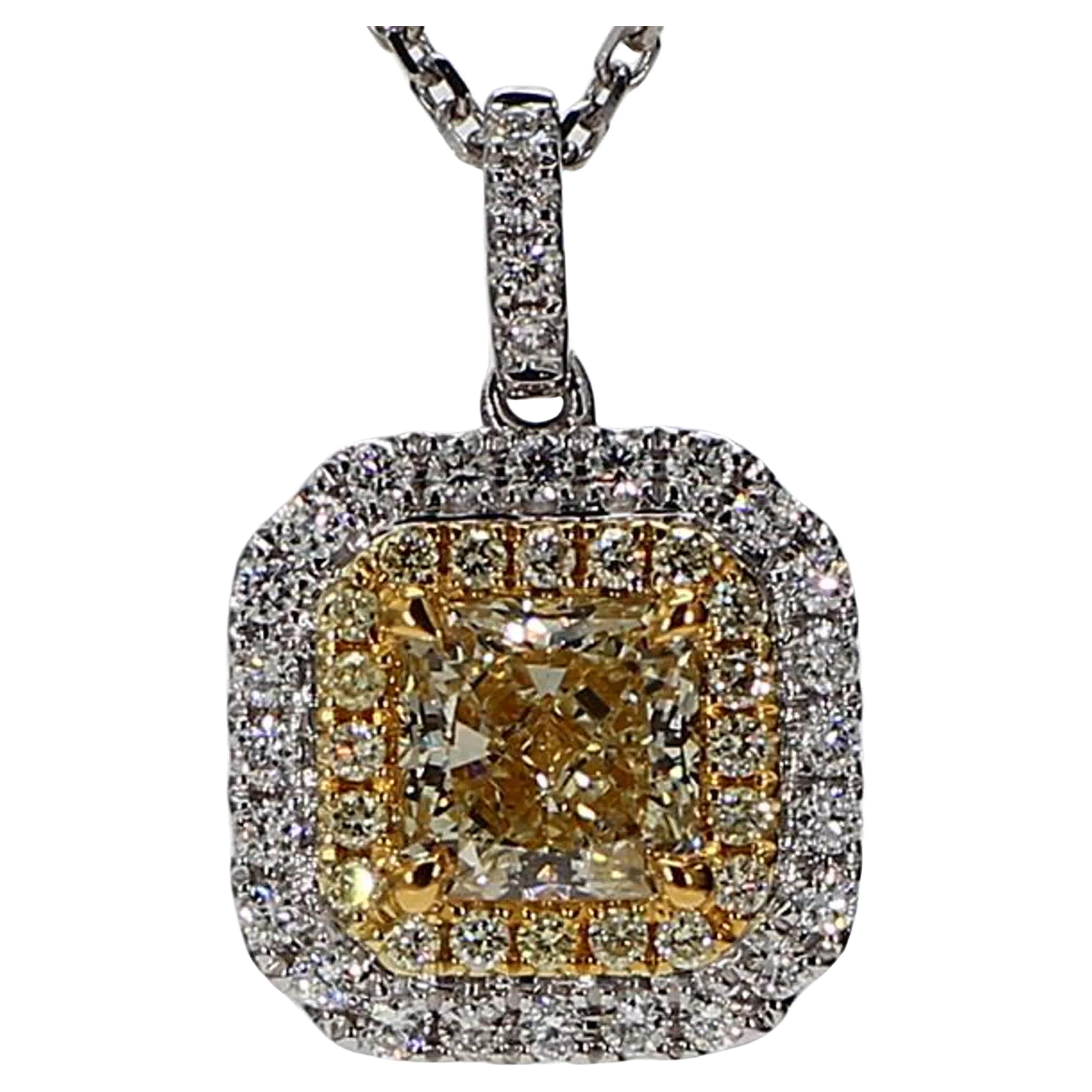 GIA Certified Natural Yellow Radiant and White Diamond 1.34ct TW Gold Pendant For Sale