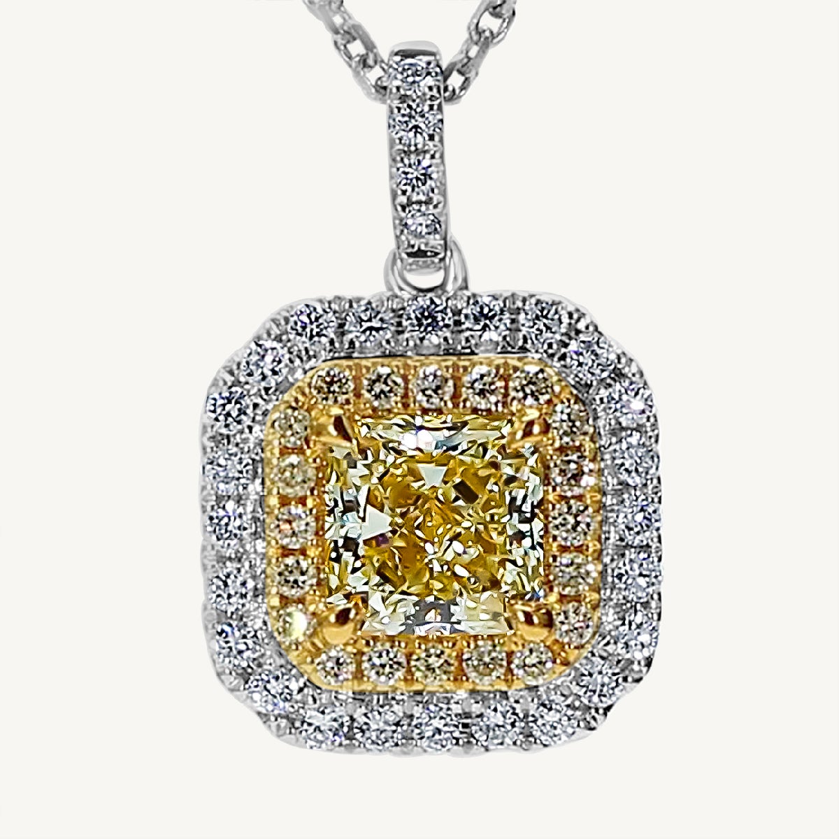GIA Certified Natural Yellow Radiant and White Diamond 1.34ct TW Gold Pendant