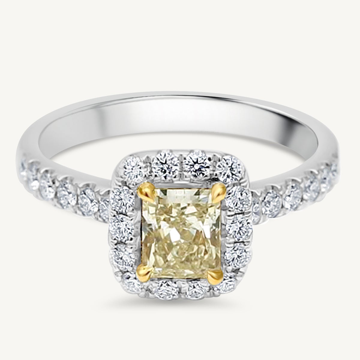 GIA Certified Natural Yellow Radiant and White Diamond 1.51 Carat TW Plat Ring For Sale