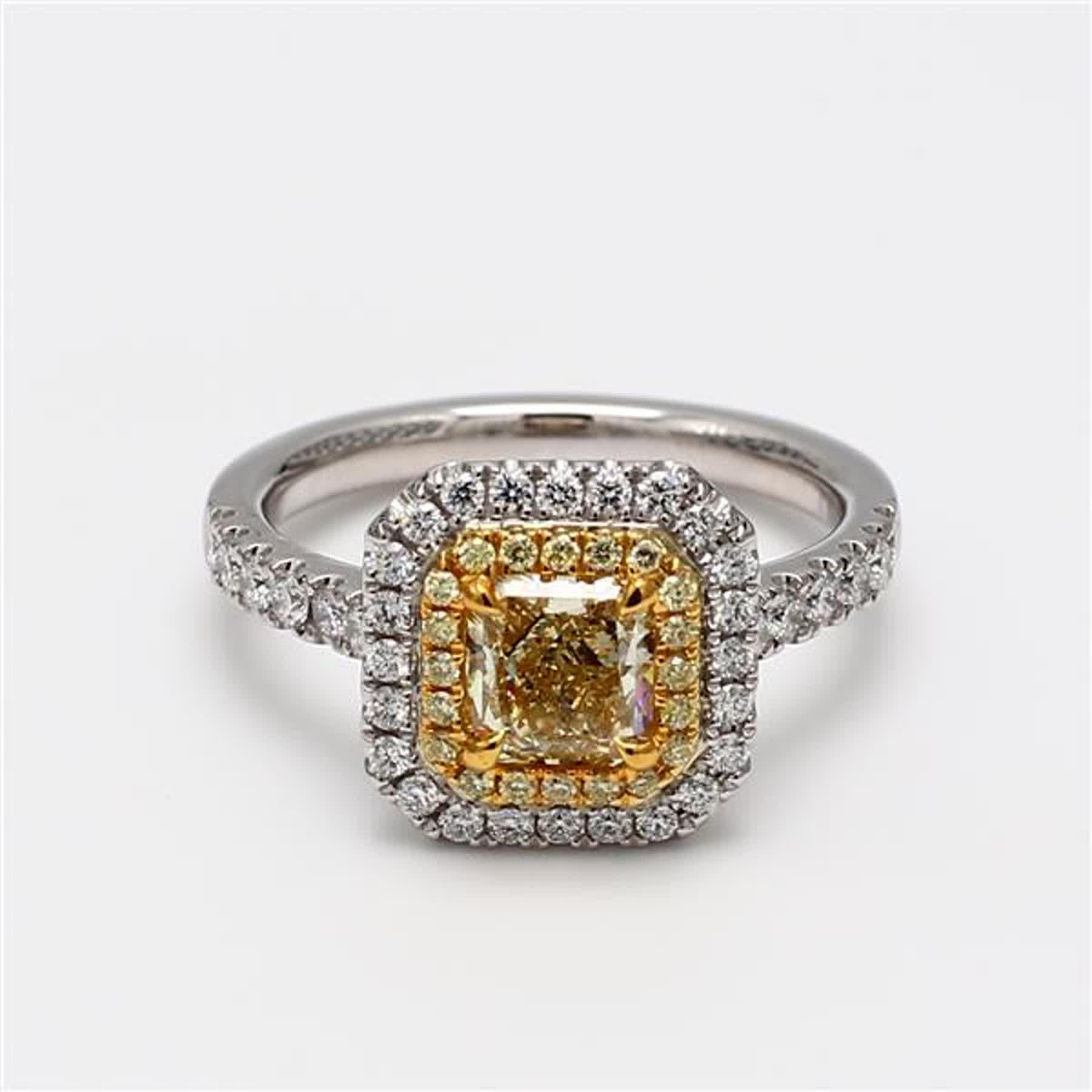 RareGemWorld's classic GIA certified diamond ring. Mounted in a beautiful 18K Yellow and White Gold and Platinum setting with a natural radiant cut yellow diamond. The yellow diamond is surrounded by round natural yellow diamond melee and round