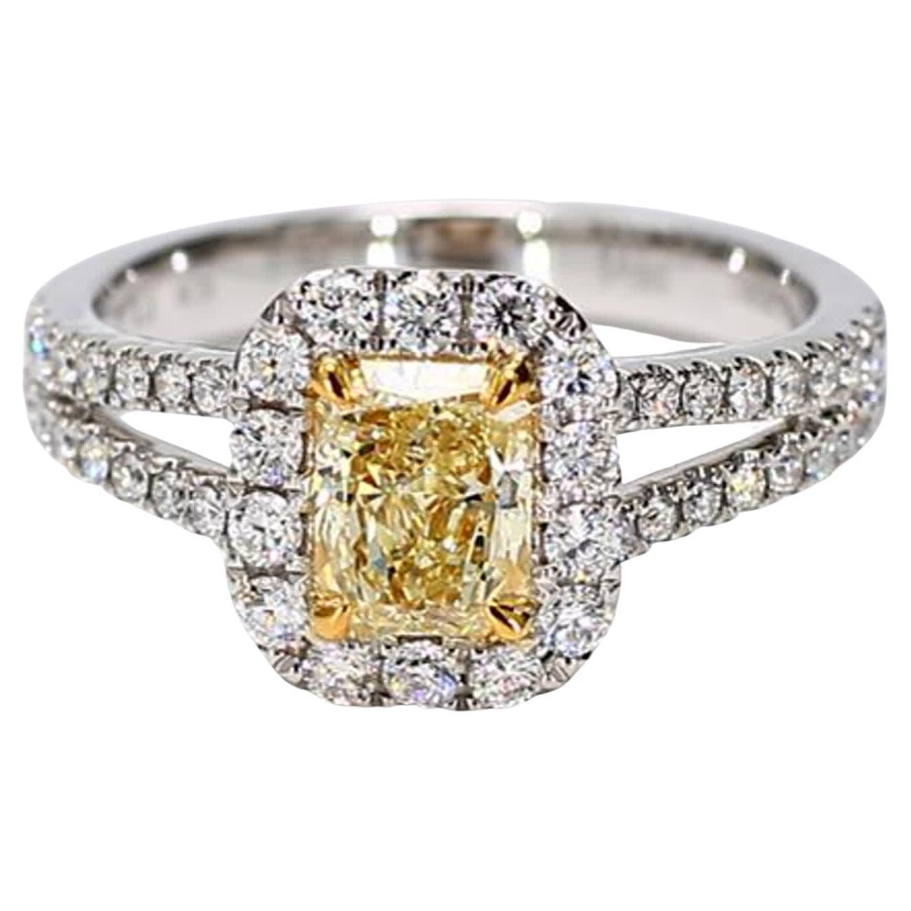 GIA Certified Natural Yellow Radiant and White Diamond 1.54 Carat TW Plat Ring For Sale