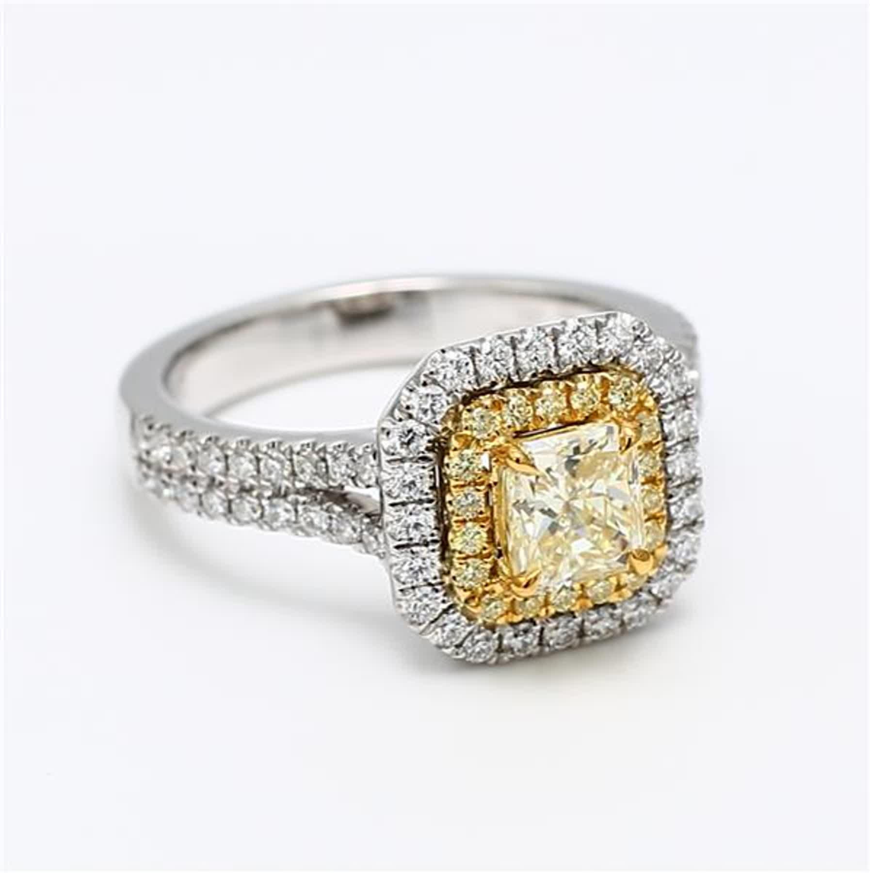 Women's GIA Certified Natural Yellow Radiant and White Diamond 1.59 Carat TW Plat Ring For Sale