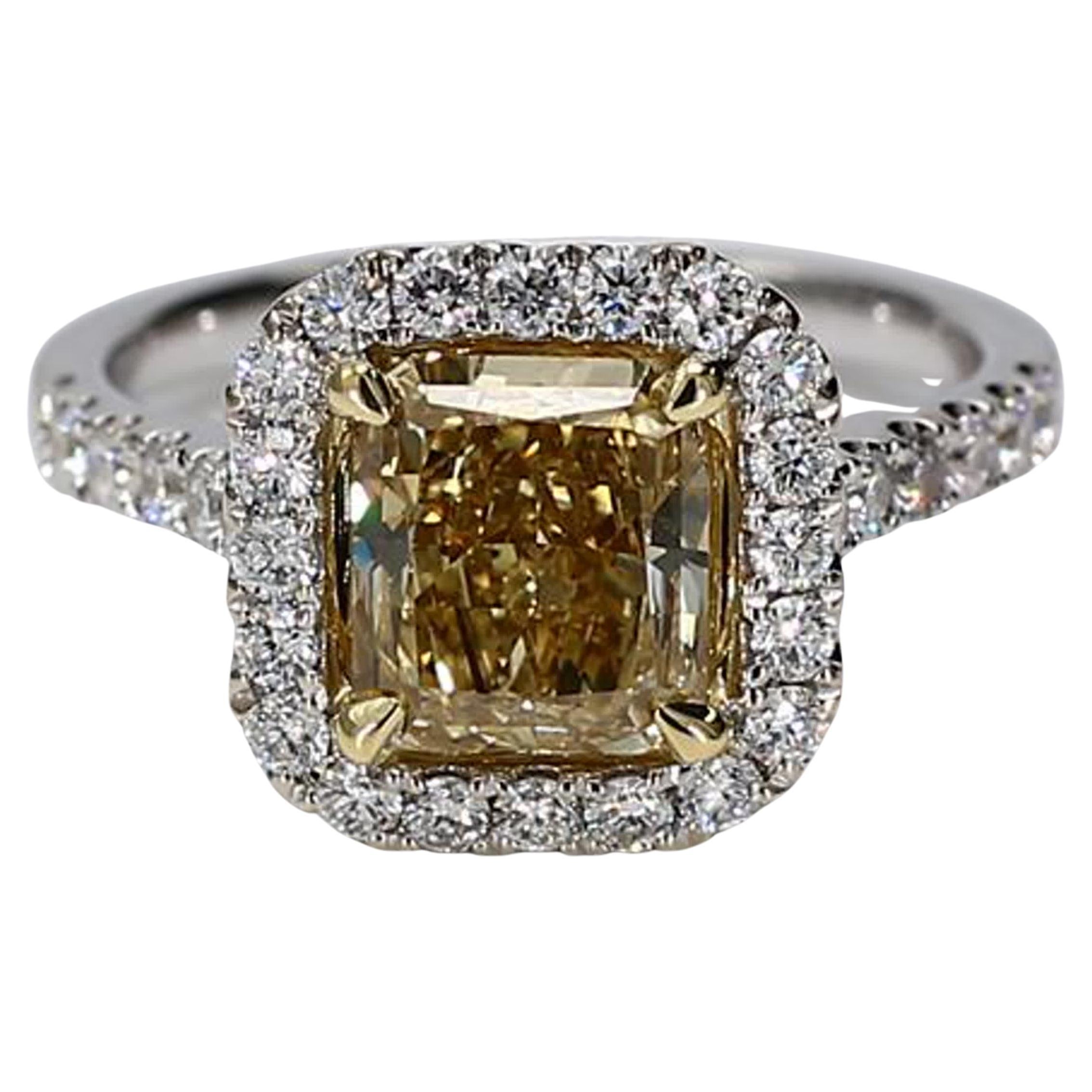 GIA Certified Natural Yellow Radiant and White Diamond 2.65 Carat TW Gold Ring For Sale