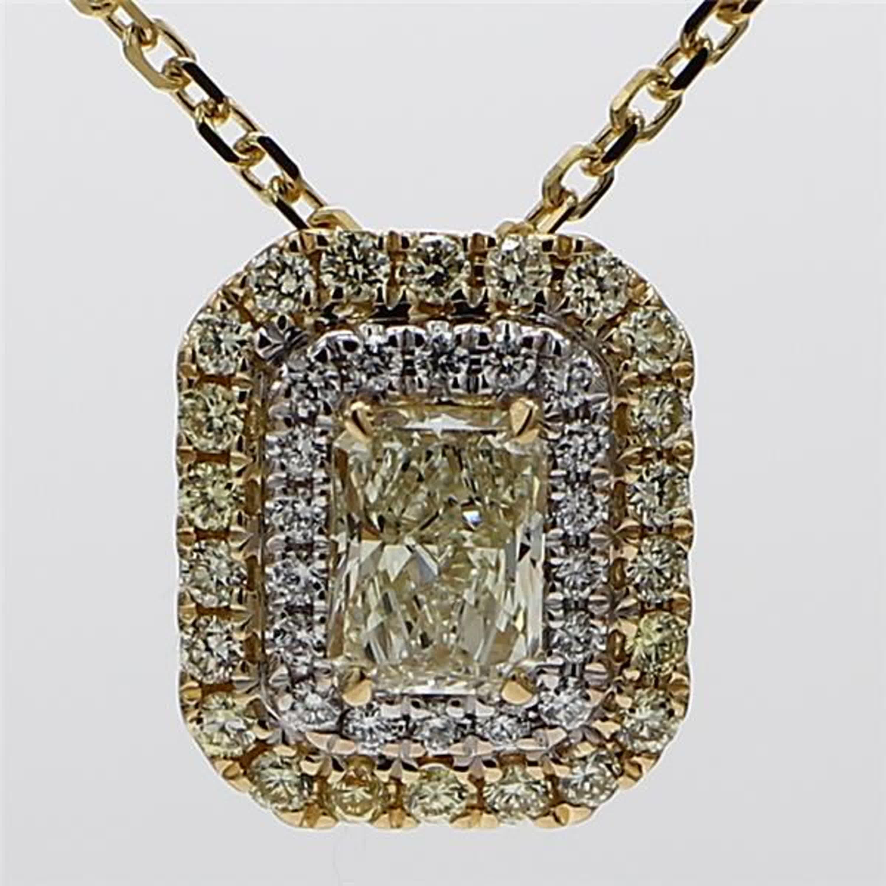 RareGemWorld's classic GIA certified diamond pendant. Mounted in a beautiful 18K Yellow and White Gold setting with a natural radiant cut yellow diamond. The yellow diamond is surrounded by round natural yellow diamond melee and round natural white