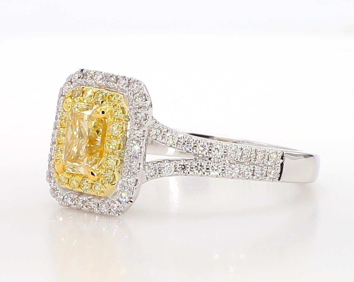 Contemporary GIA Certified Natural Yellow Radiant Diamond 1.14 Carat TW Gold Cocktail Ring For Sale
