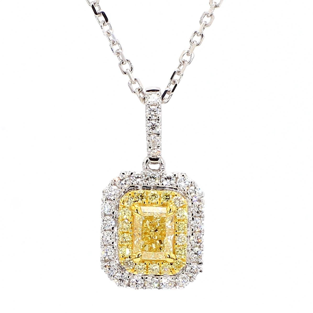 Contemporary GIA Certified Natural Yellow Radiant Diamond 1.17 Carat TW Gold Drop Pendant For Sale