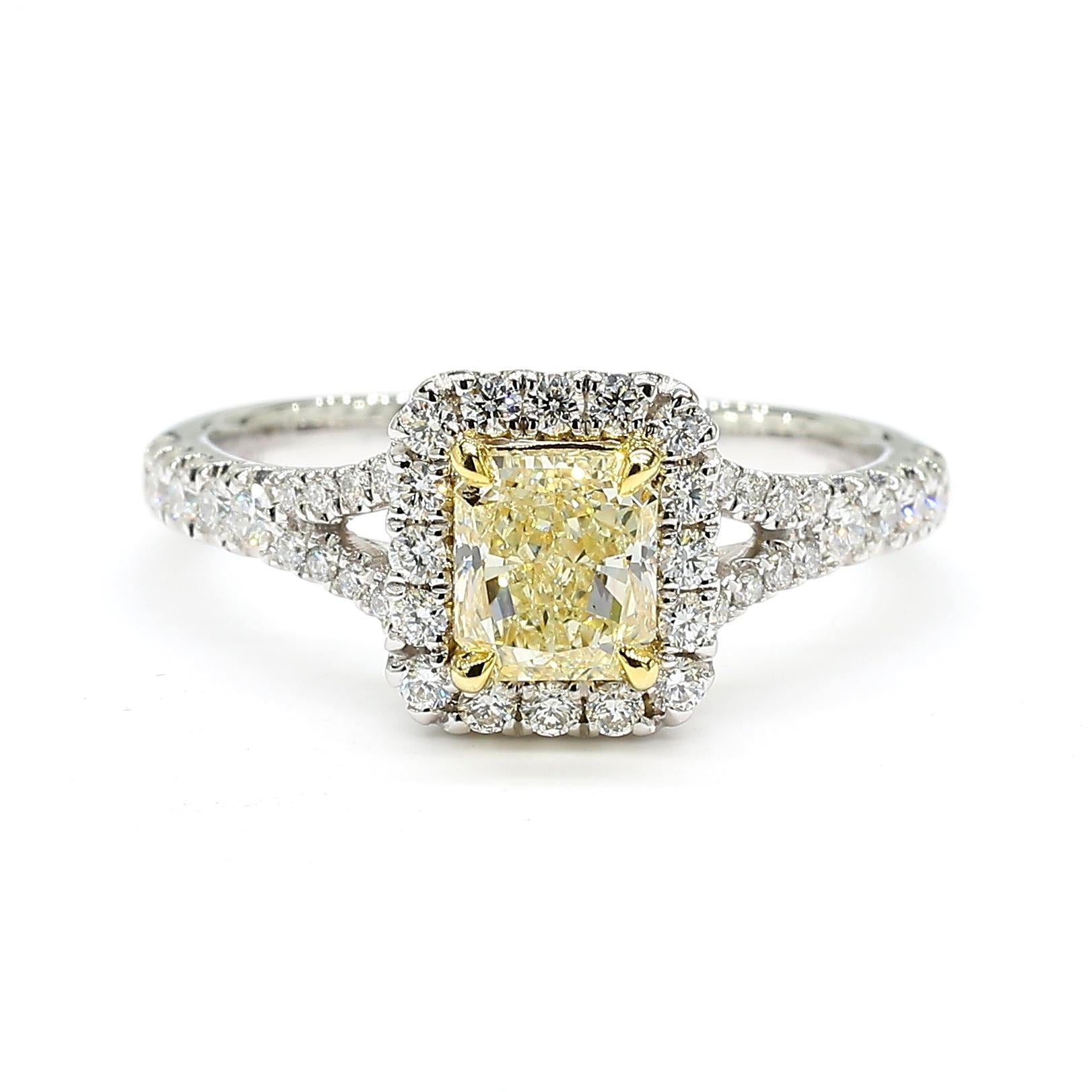 Contemporary GIA Certified Natural Yellow Radiant Diamond 1.24 Carat TW Gold Cocktail Ring For Sale