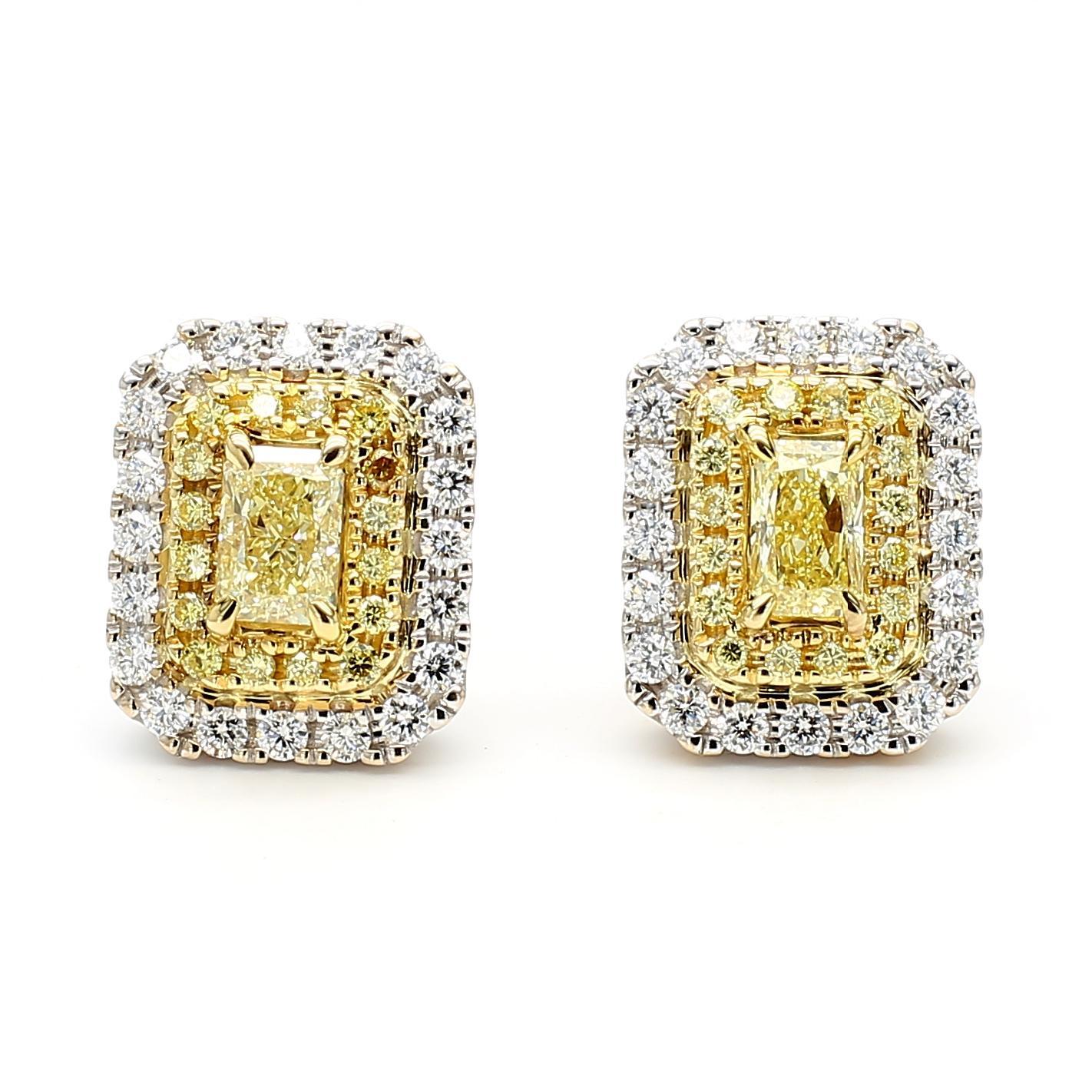 Contemporaneo Orecchini a perno in oro con diamante giallo radiante naturale certificato GIA da 1.38 carati TW in vendita
