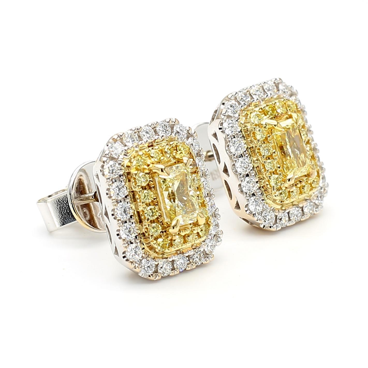 Taglio radiant Orecchini a perno in oro con diamante giallo radiante naturale certificato GIA da 1.38 carati TW in vendita