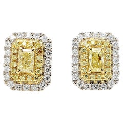 GIA Certified Natural Yellow Radiant Diamond 1.38 Carat TW Gold Stud Earrings