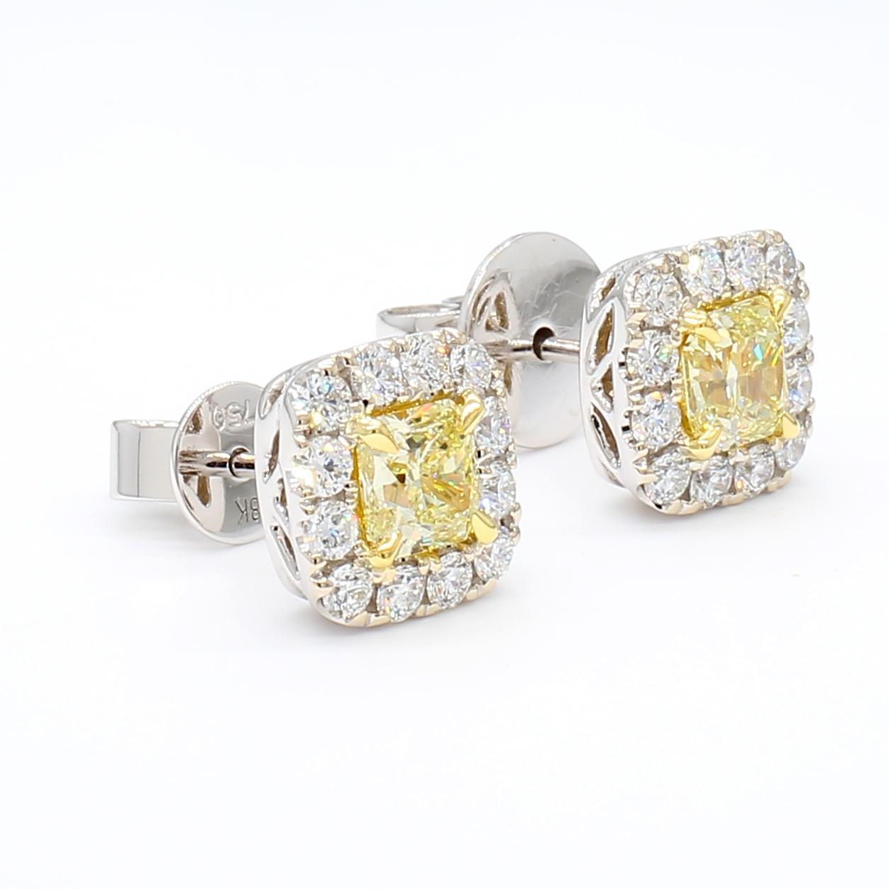 Taglio radiant Orecchini a perno in oro con diamante giallo radiante naturale certificato GIA da 1.39 carati TW in vendita