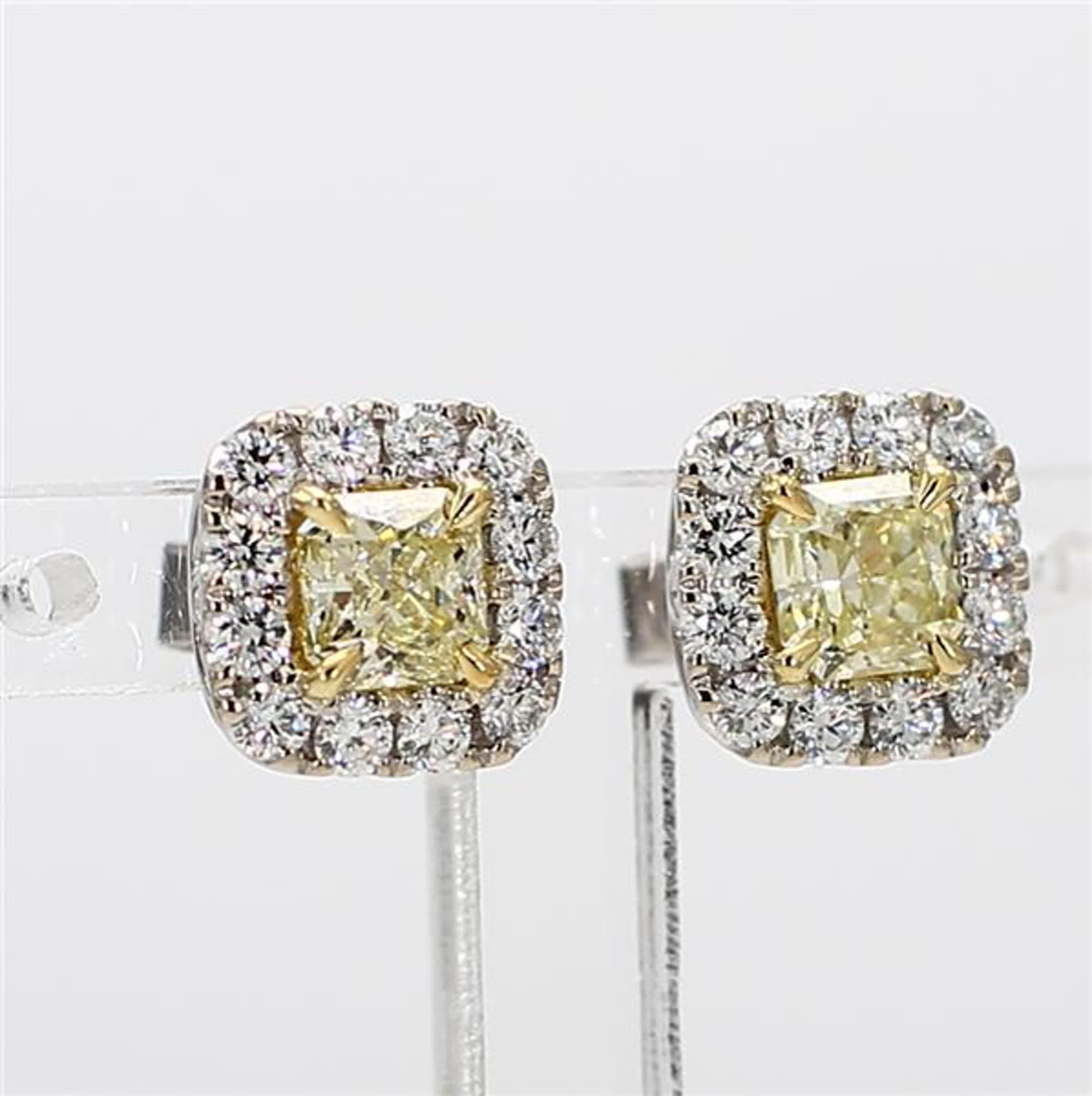 GIA Certified Natural Yellow Radiant Diamond 1.39 Carat TW Gold Stud Earrings For Sale 1