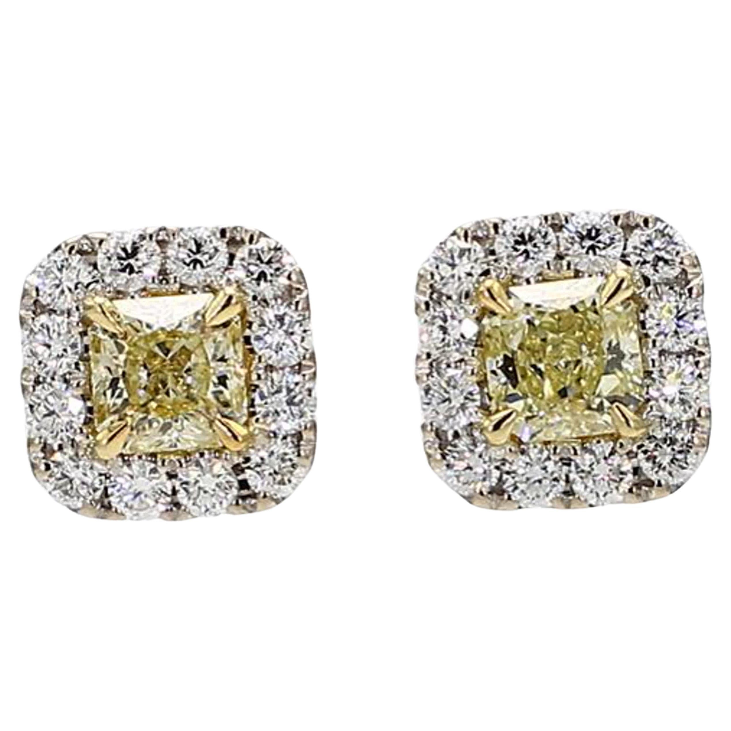 GIA Certified Natural Yellow Radiant Diamond 1.39 Carat TW Gold Stud Earrings