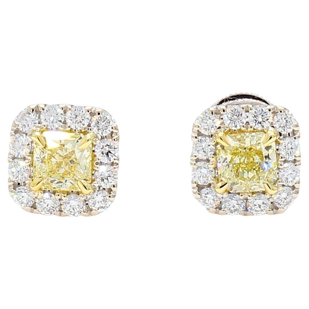 GIA Certified Natural Yellow Radiant Diamond 1.39 Carat TW Gold Stud Earrings
