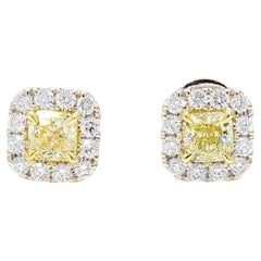 GIA Certified Natural Yellow Radiant Diamond 1.39 Carat TW Gold Stud Earrings