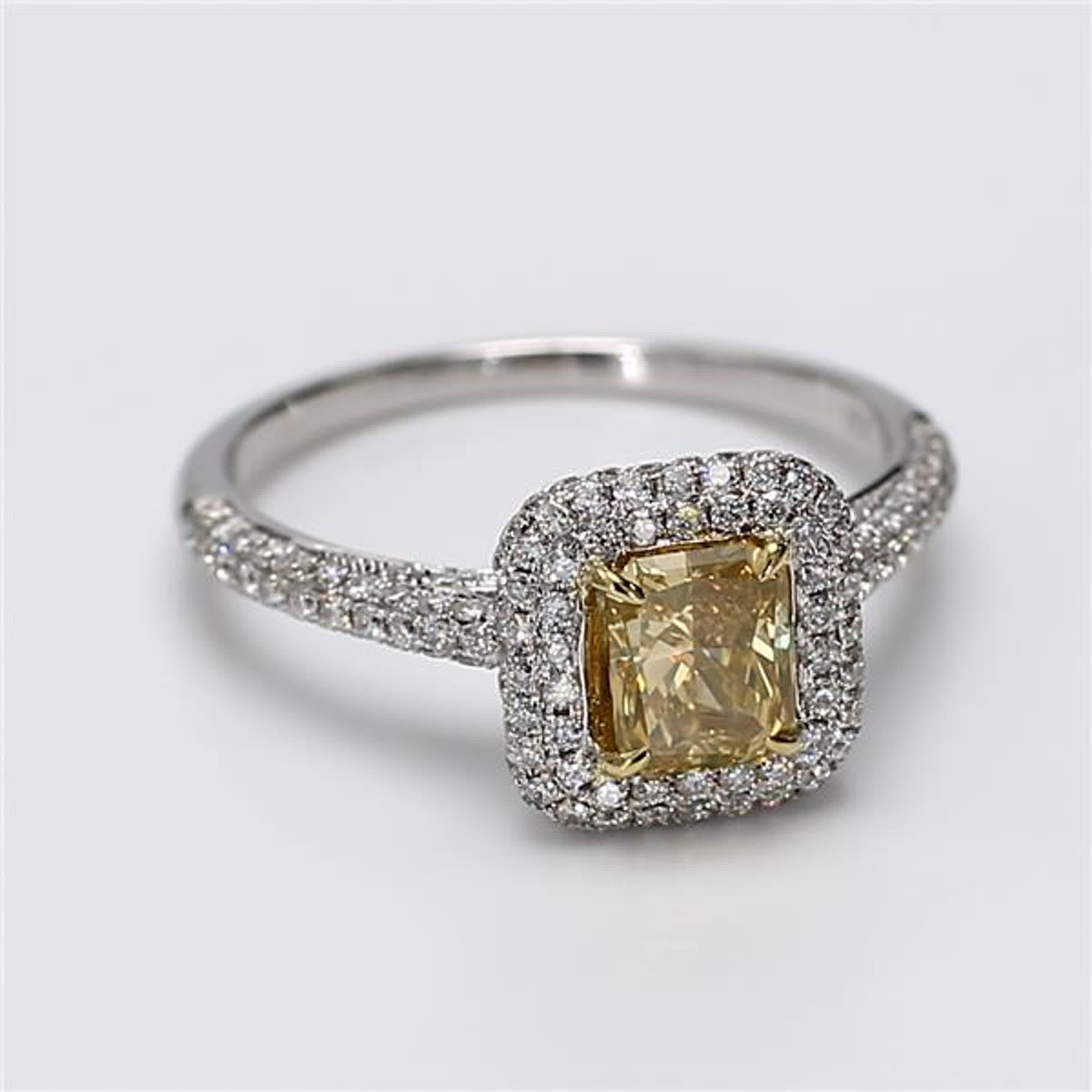 GIA Certified Natural Yellow Radiant Diamond 1.51 Carat TW Gold Cocktail Ring For Sale 1