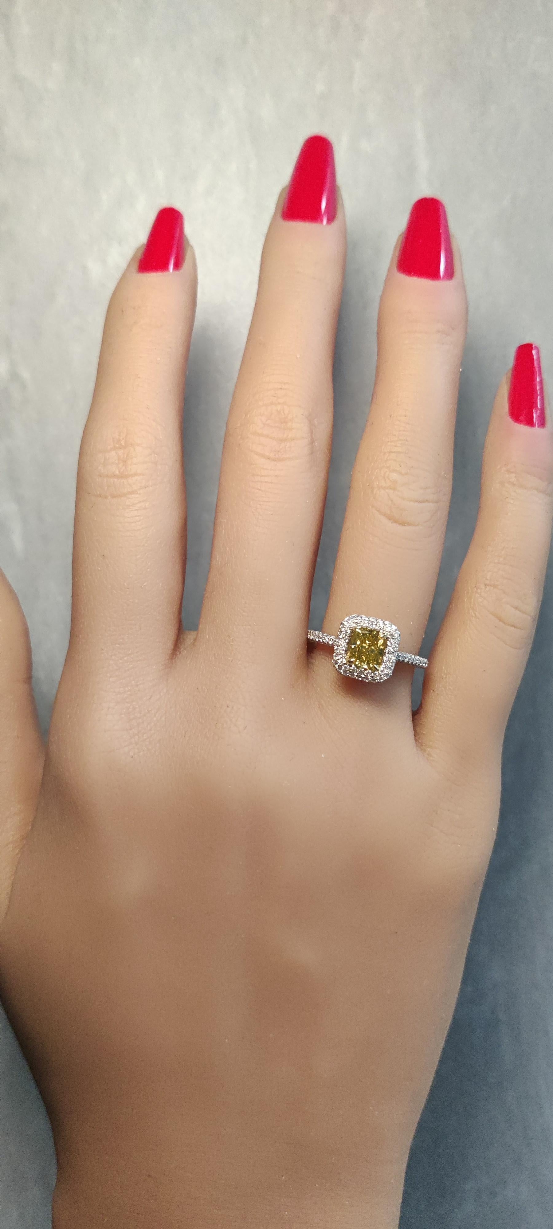 GIA Certified Natural Yellow Radiant Diamond 1.51 Carat TW Gold Cocktail Ring For Sale 2