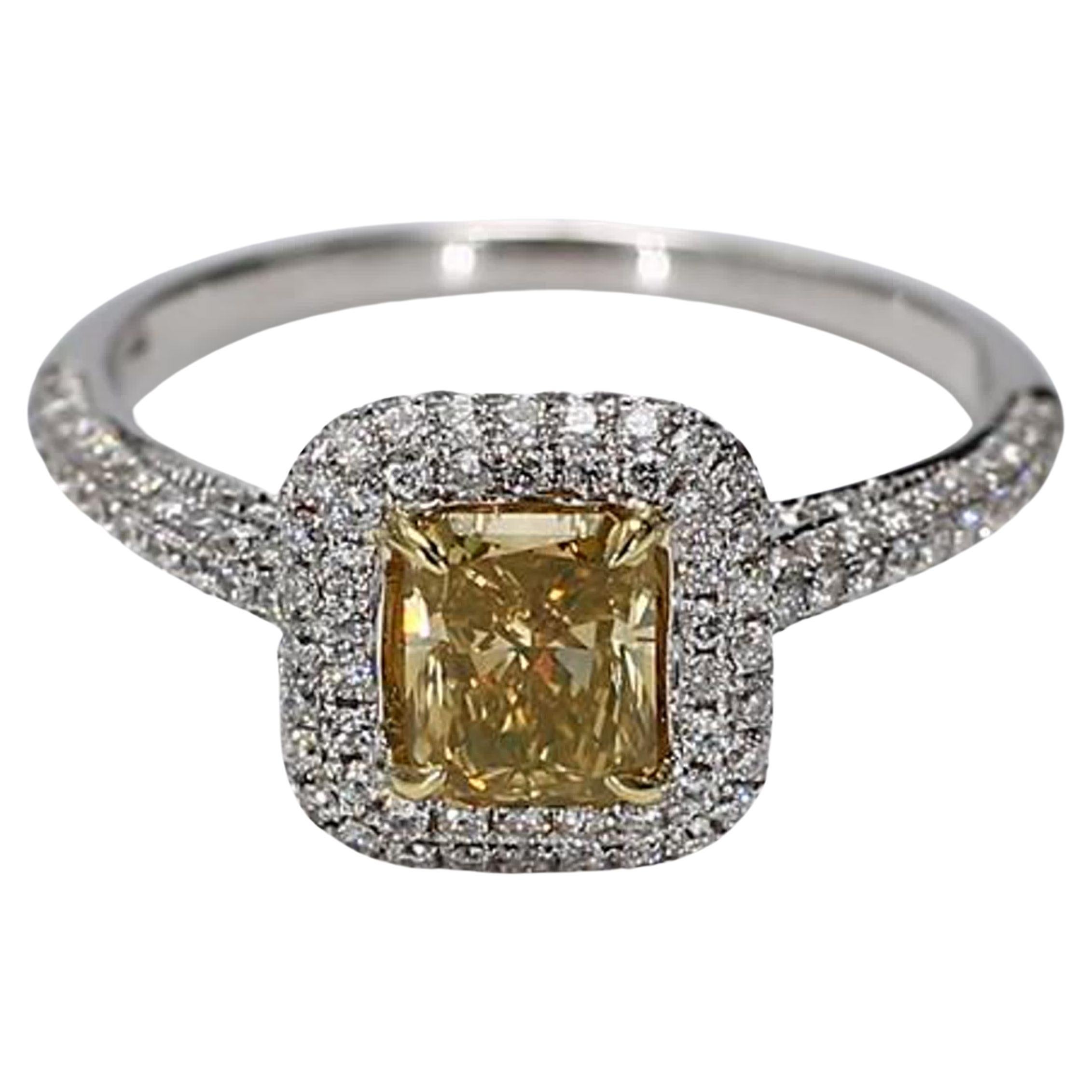 GIA Certified Natural Yellow Radiant Diamond 1.51 Carat TW Gold Cocktail Ring For Sale