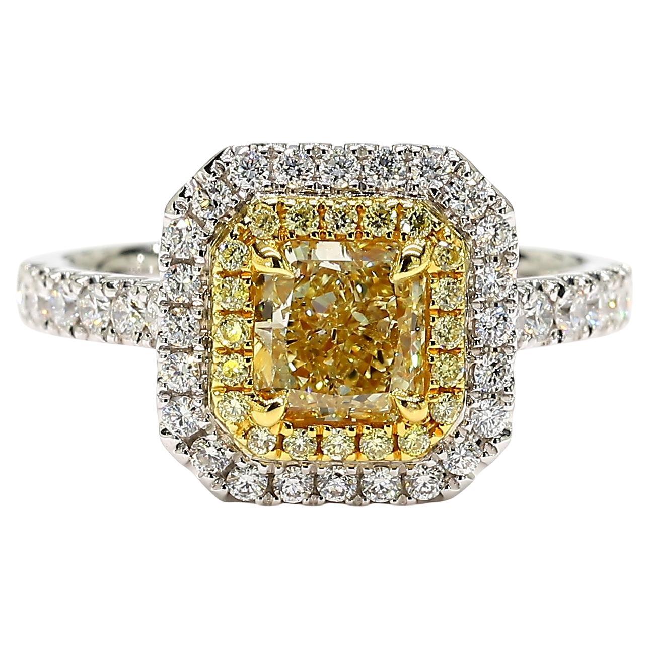 GIA Certified Natural Yellow Radiant Diamond 1.54 Carat TW Gold Cocktail Ring