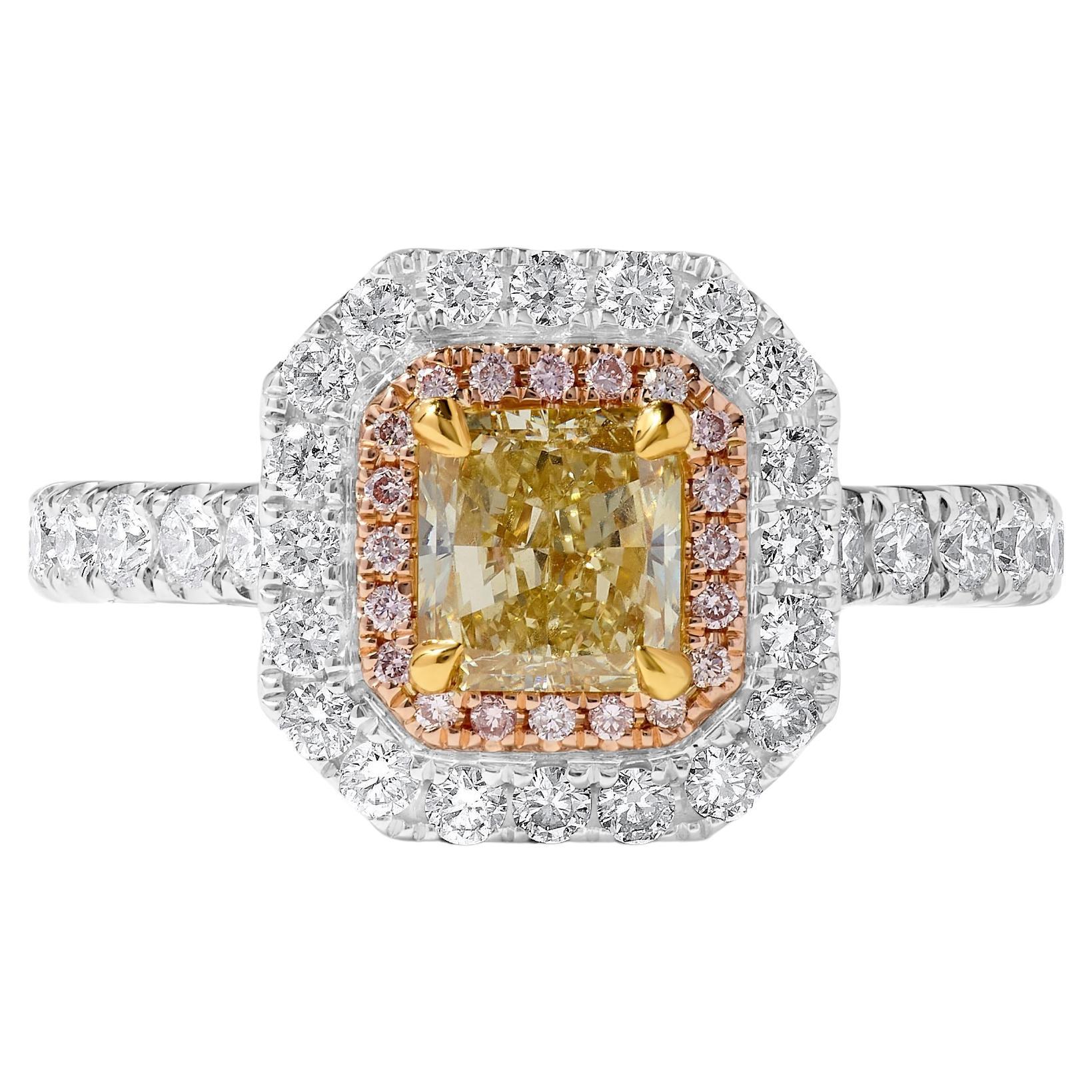 GIA Certified Natural Yellow Radiant Diamond 1.61 Carat TW Gold Cocktail Ring