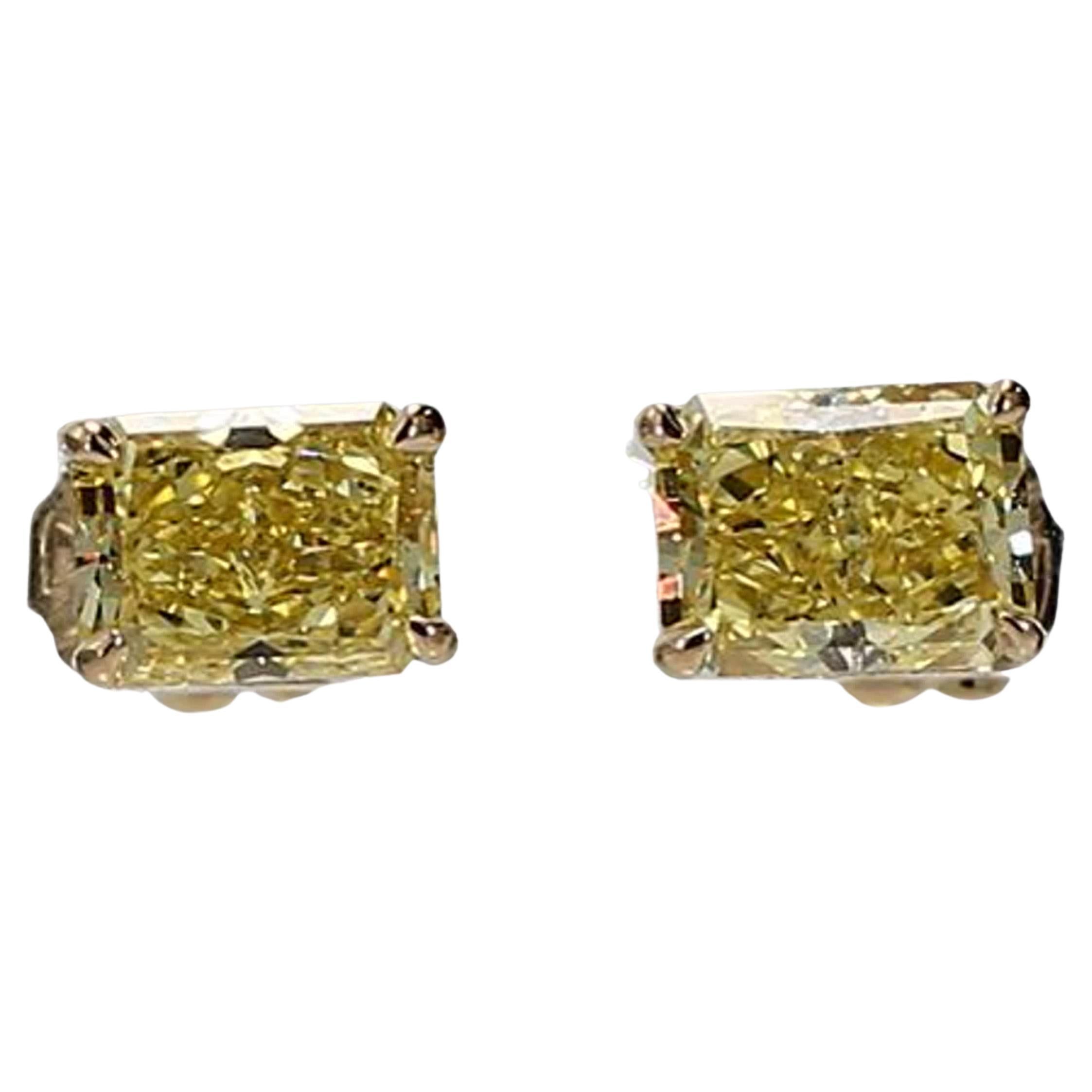 GIA Certified Natural Yellow Radiant Diamond 1.84 Carat TW Gold Stud Earrings