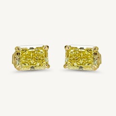 GIA Certified Natural Yellow Radiant Diamond 1.84 Carat TW Gold Stud Earrings