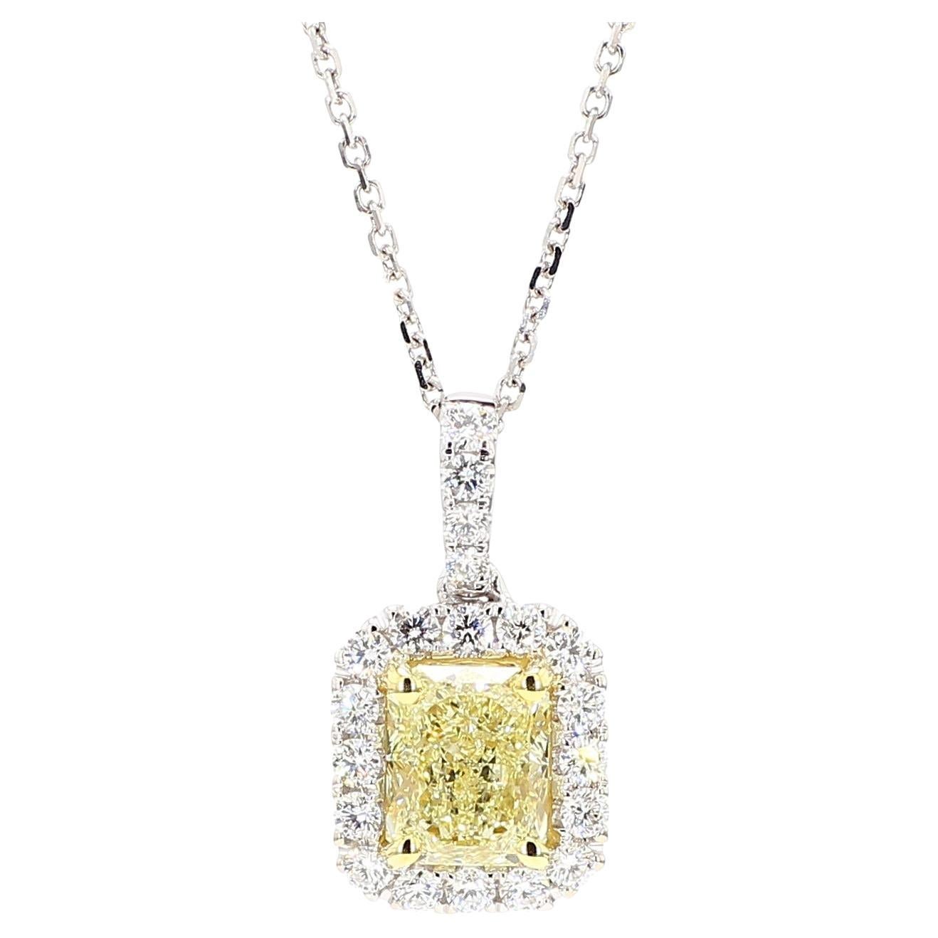 GIA Certified Natural Yellow Radiant Diamond 1.96 Carat TW Gold Drop Pendant