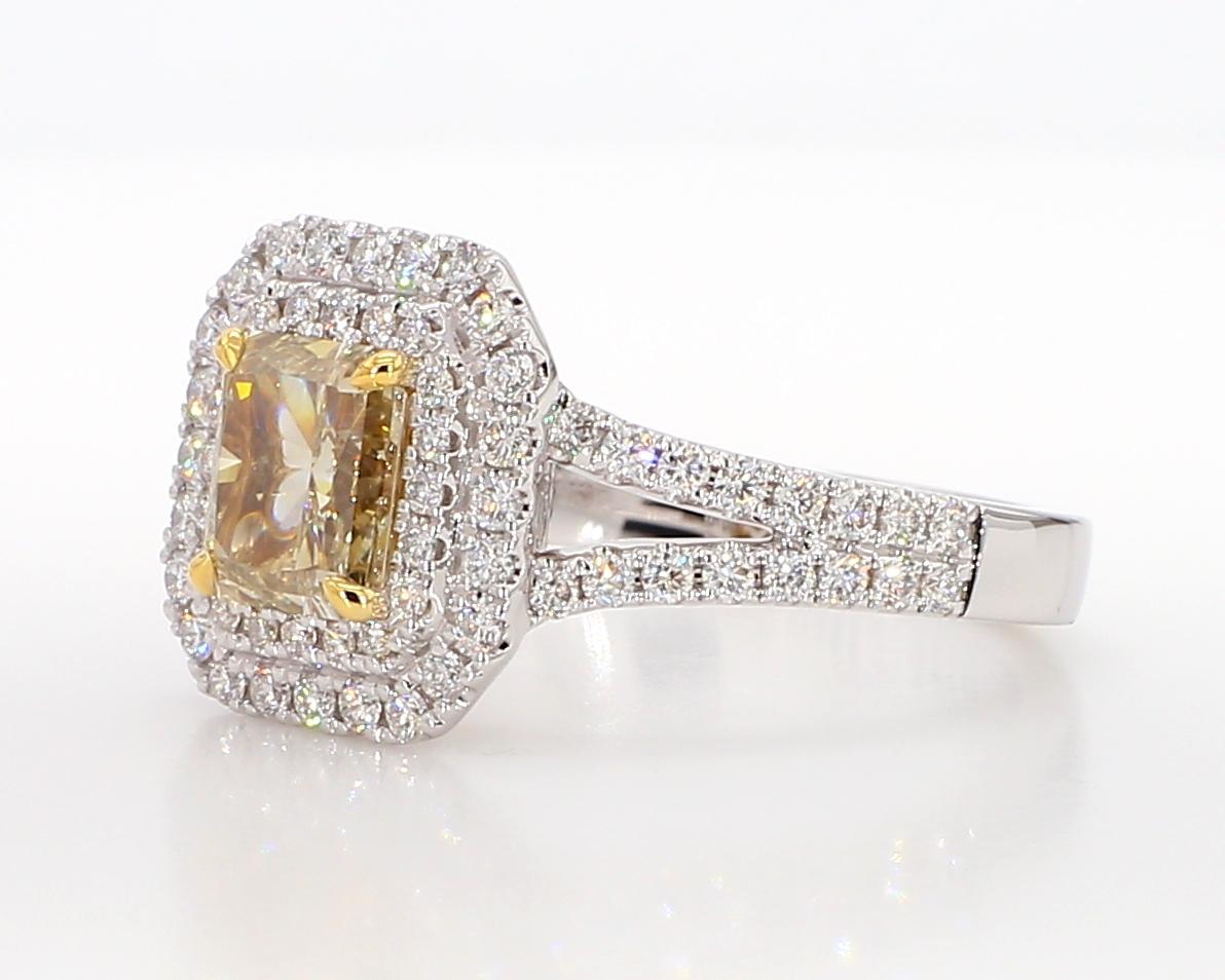 Contemporary GIA Certified Natural Yellow Radiant Diamond 1.97 Carat TW Gold Cocktail Ring For Sale