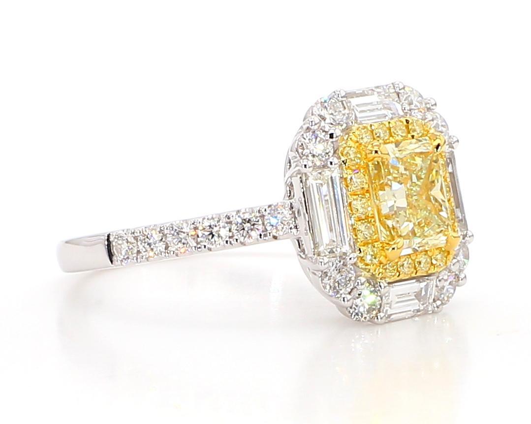 Contemporary GIA Certified Natural Yellow Radiant Diamond 1.97 Carat TW Gold Cocktail Ring For Sale
