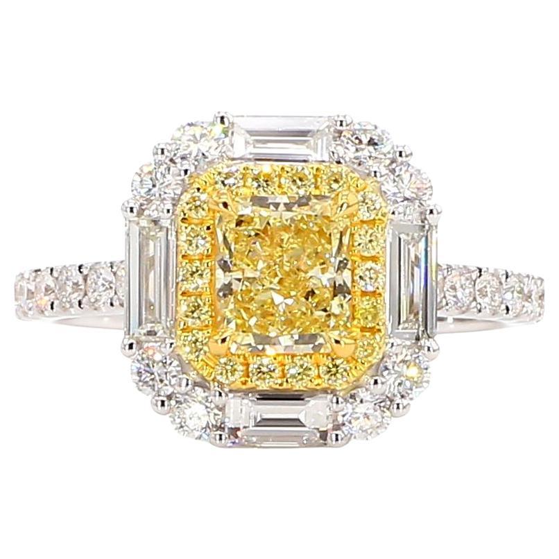 GIA Certified Natural Yellow Radiant Diamond 1.97 Carat TW Gold Cocktail Ring For Sale