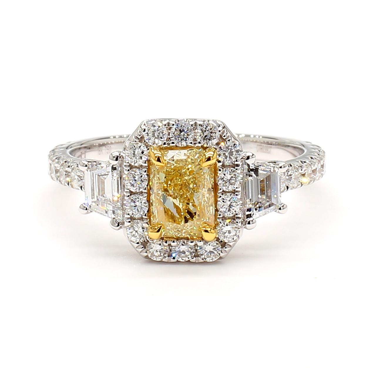 Contemporary GIA Certified Natural Yellow Radiant Diamond 1.98 Carat TW Gold Cocktail Ring For Sale