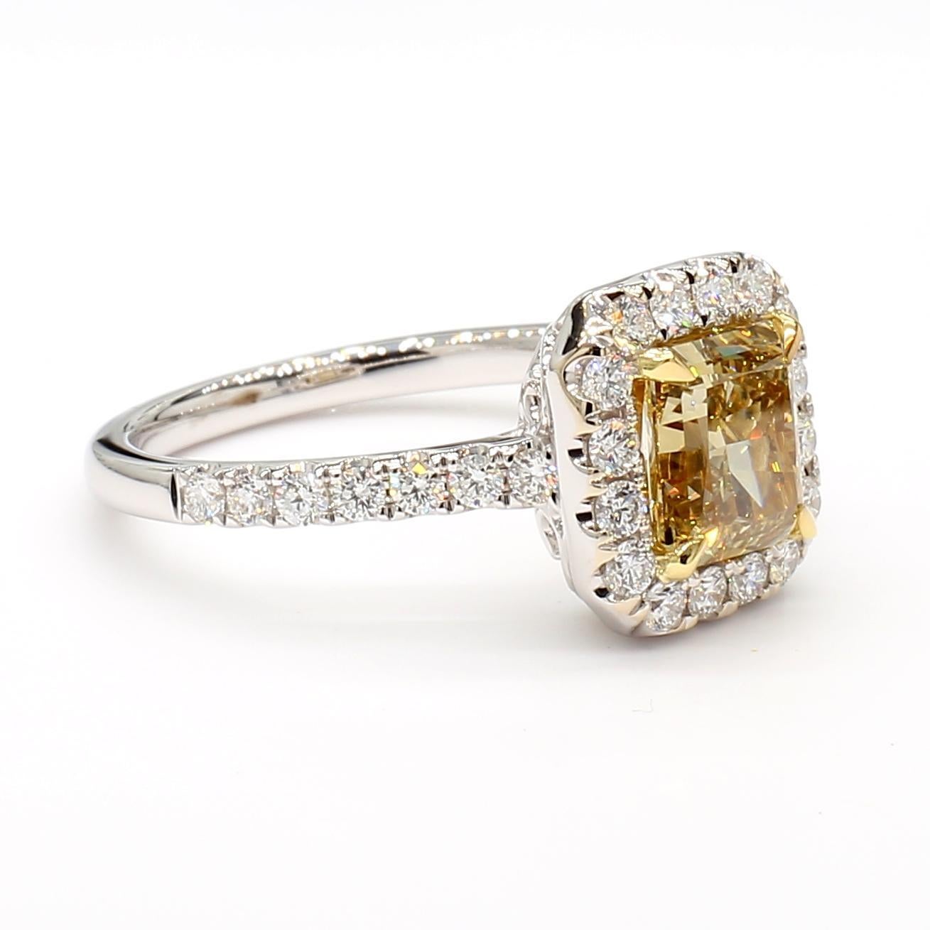 Contemporary GIA Certified Natural Yellow Radiant Diamond 2.04 Carat TW Gold Cocktail Ring For Sale