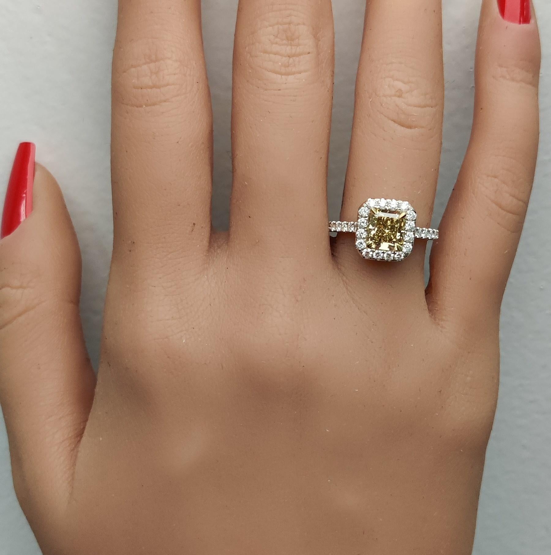 Radiant Cut GIA Certified Natural Yellow Radiant Diamond 2.04 Carat TW Gold Cocktail Ring For Sale