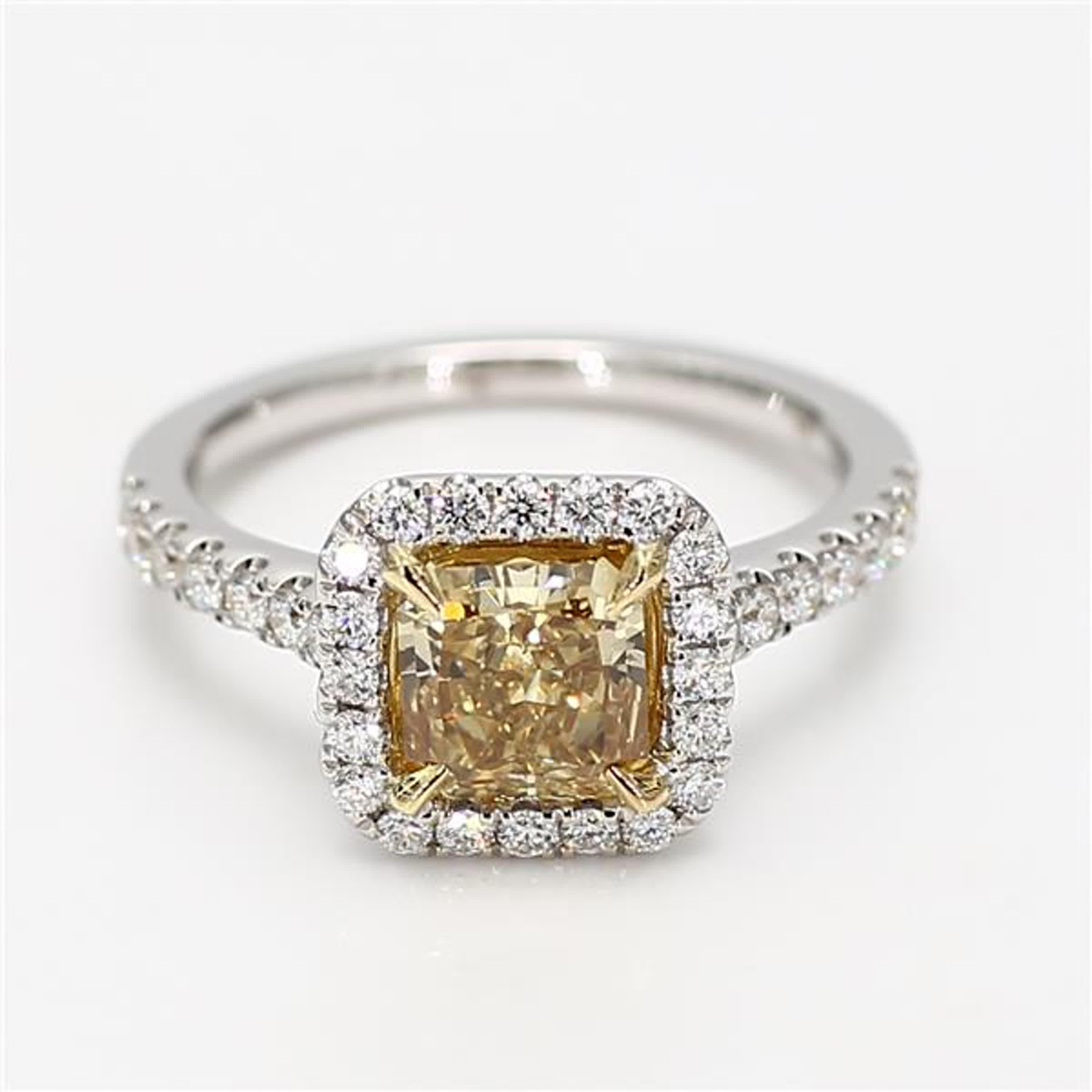 Der klassische GIA-zertifizierte Diamantring von RareGemWorld. Montiert in einer schönen Fassung aus 18 Karat Gelb- und Weißgold mit einem gelben Diamanten im natürlichen Strahlenschliff. Der gelbe Diamant ist von runden weißen Naturdiamanten
