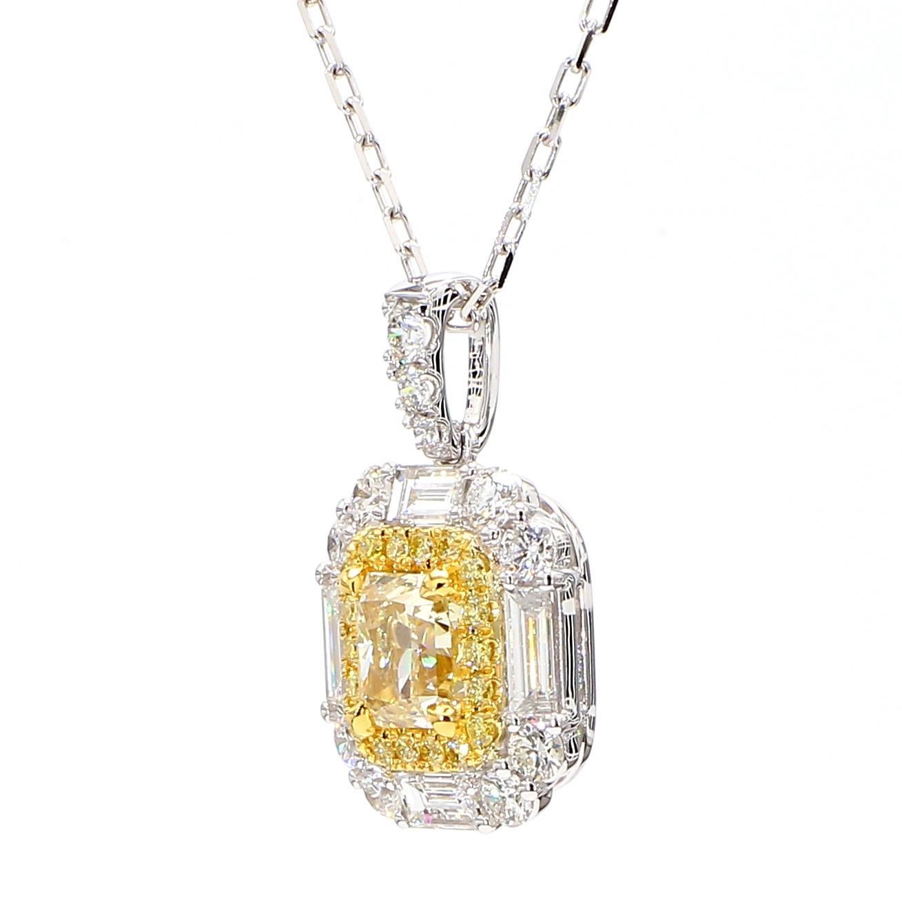 RareGemWorld's beautiful GIA certified diamond pendant. Mounted in a beautiful 18K Yellow and White Gold setting with a natural radiant cut yellow diamond. The yellow diamond is surrounded by natural baguette cut white diamonds, round natural yellow