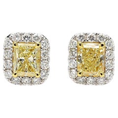 GIA Certified Natural Yellow Radiant Diamond 2.35 Carat TW Gold Stud Earrings