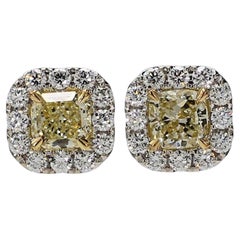 GIA Certified Natural Yellow Radiant Diamond 2.51 Carat TW Gold Stud Earrings